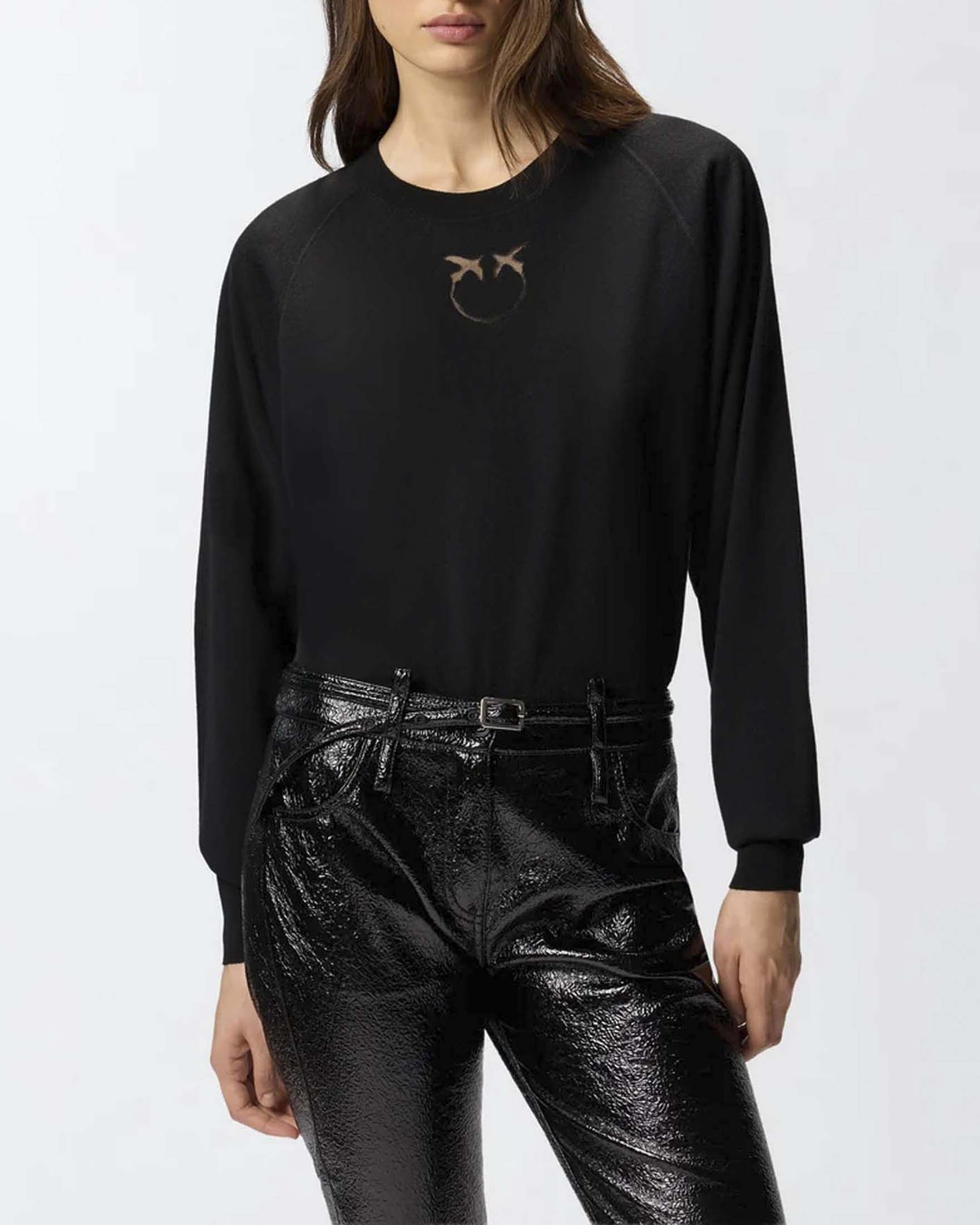 Maglia girocollo Pinko nera in pura lana merino con logo Love Birds dévoré