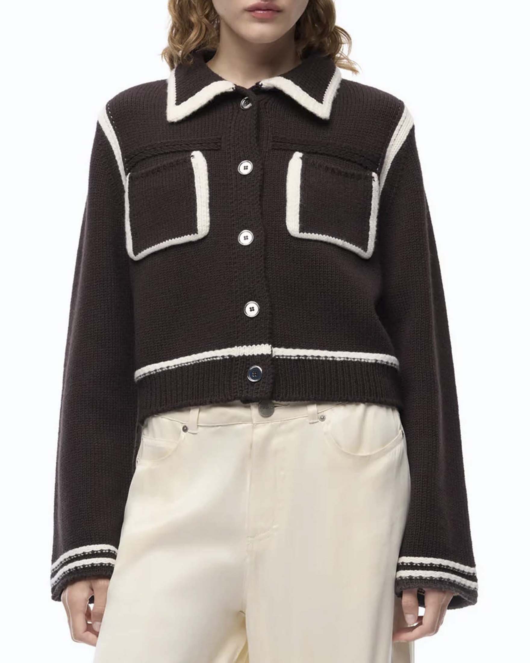 Giacca cropped Pinko  marrone in lana merino con profili a contrasto e collo a camicia