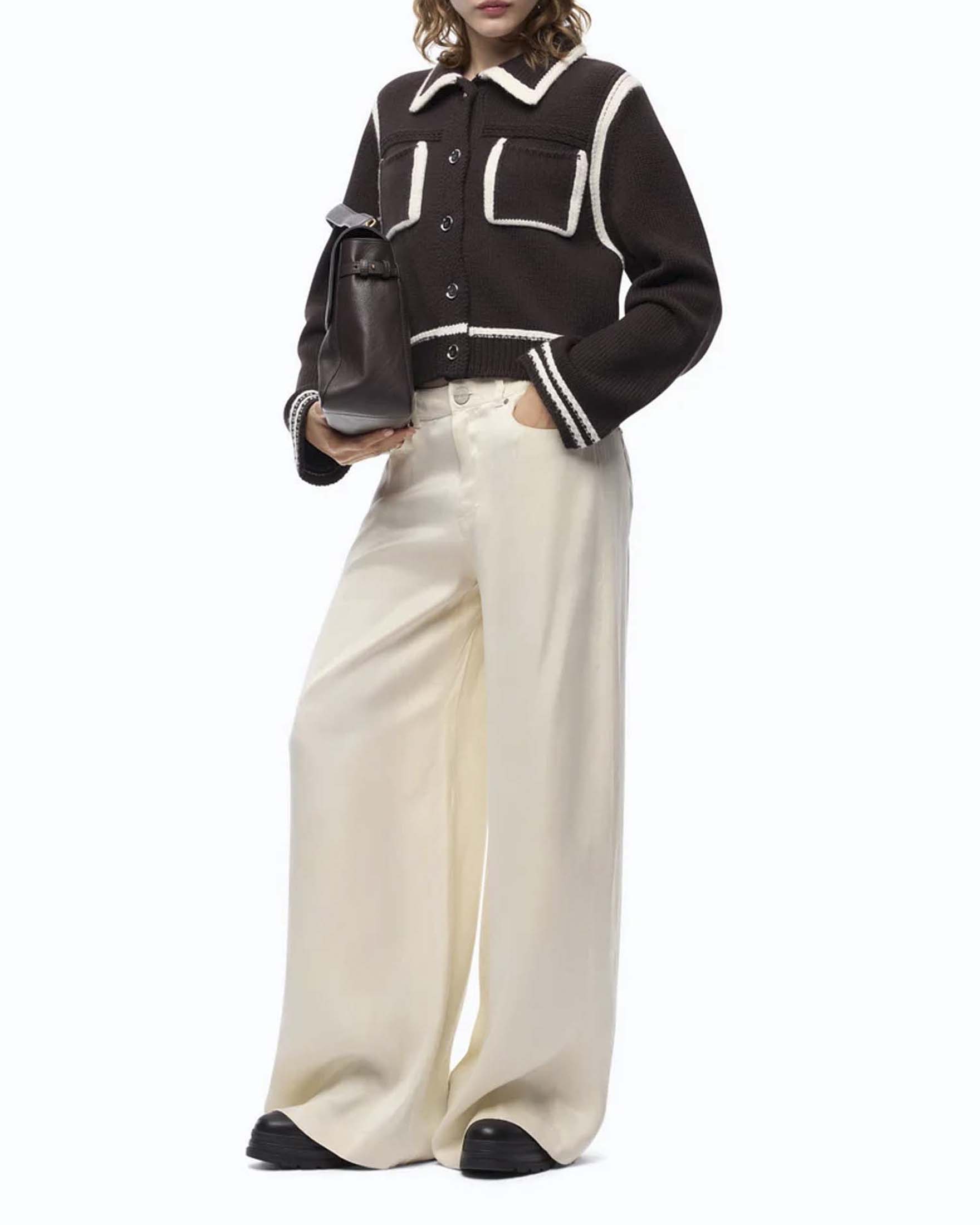 Giacca cropped Pinko  marrone in lana merino con profili a contrasto e collo a camicia image