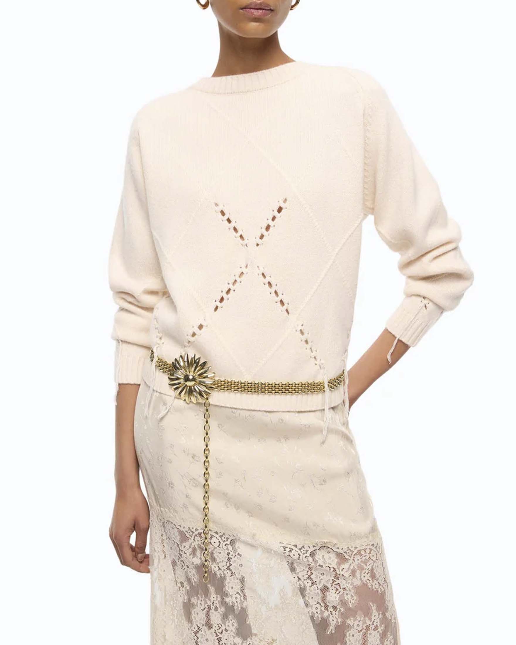 Maglione girocollo Pinko bianco in lana e cashmere con decorazione a losanghe tono su tono