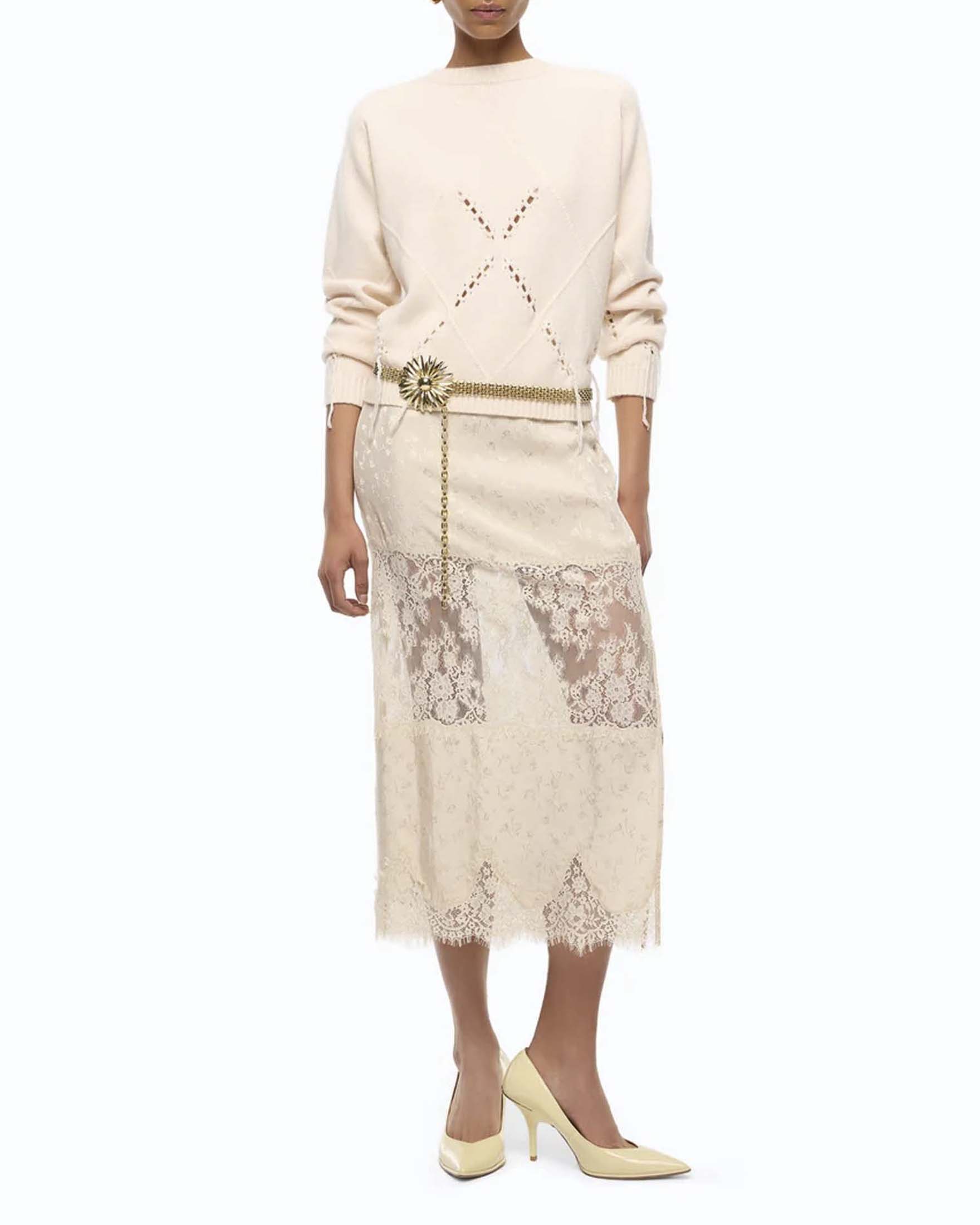 Maglione girocollo Pinko bianco in lana e cashmere con decorazione a losanghe tono su tono image