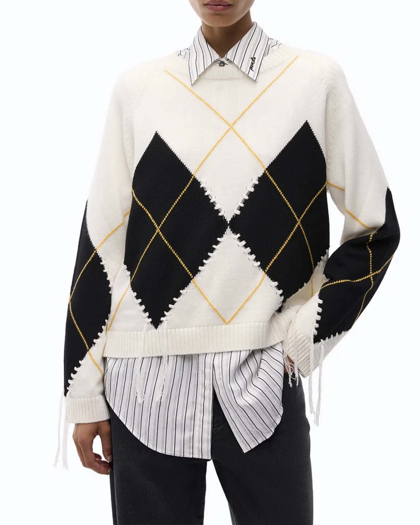Maglione girocollo Pinko bianco in lana e cashmere con decorazione a losanghe a contrasto