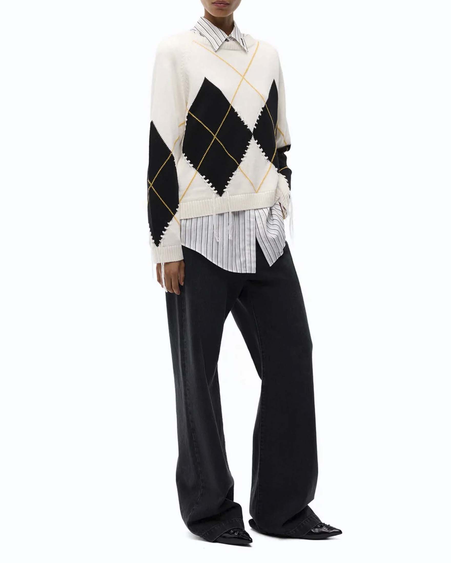 Maglione girocollo Pinko bianco in lana e cashmere con decorazione a losanghe a contrasto image