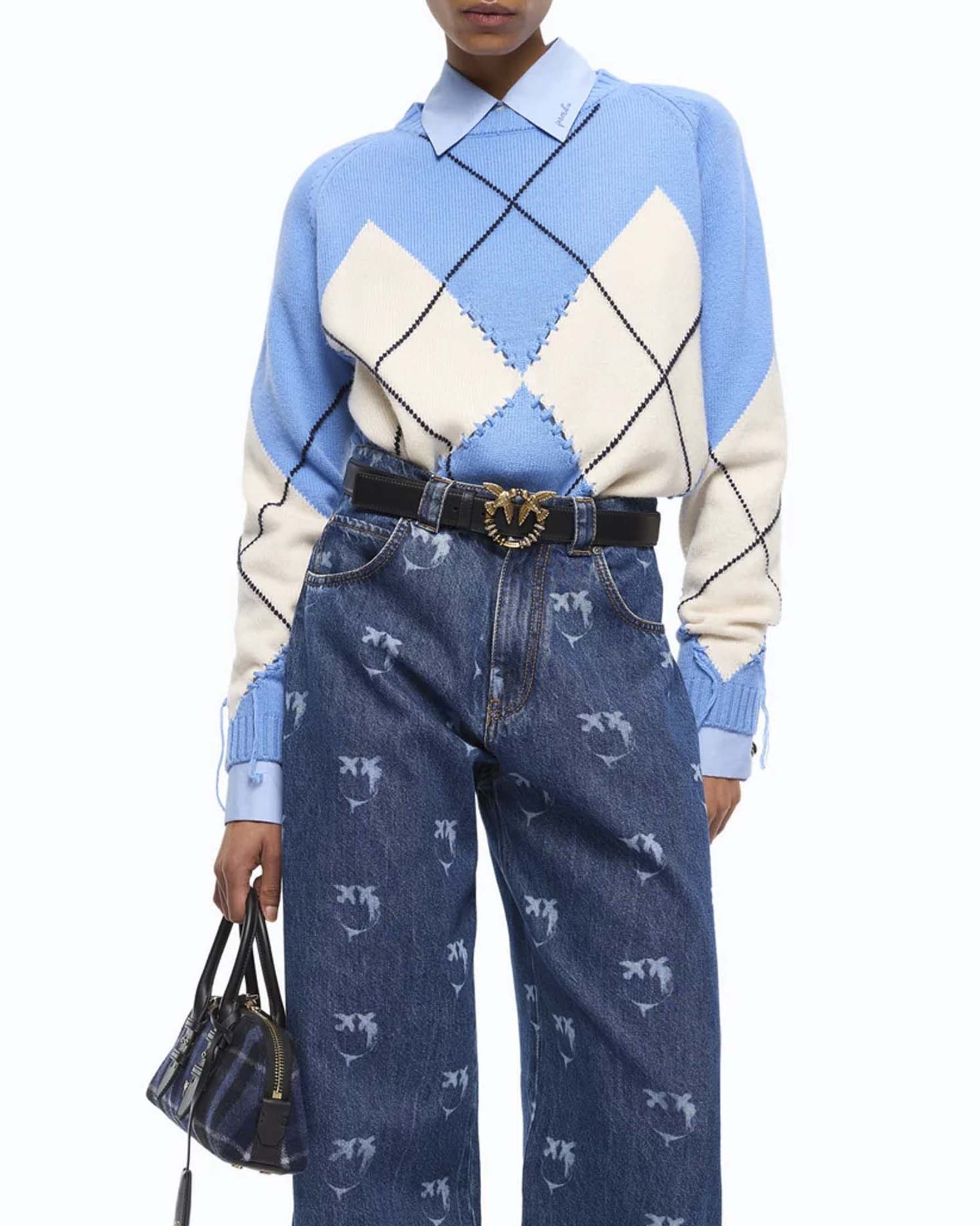 Maglione girocollo Pinko azzurro in lana e cashmere con decorazione a losanghe a contrasto