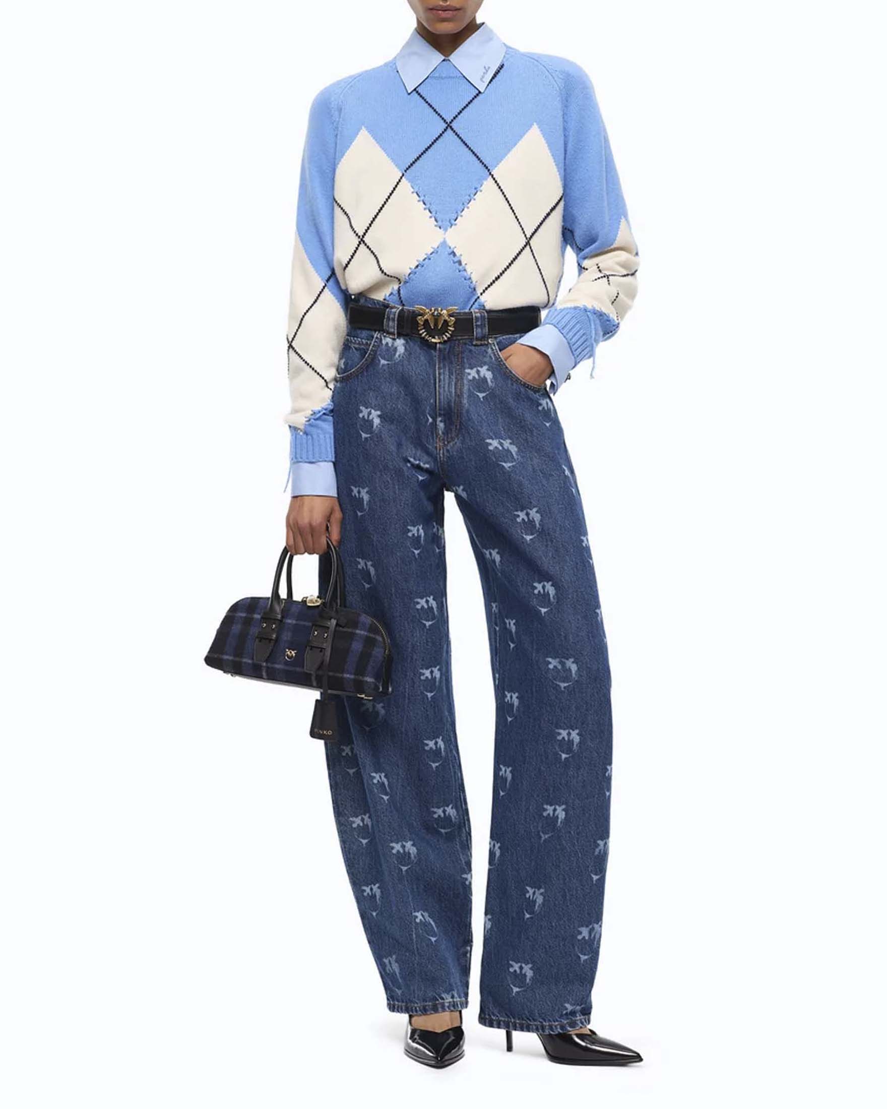 Maglione girocollo Pinko azzurro in lana e cashmere con decorazione a losanghe a contrasto image