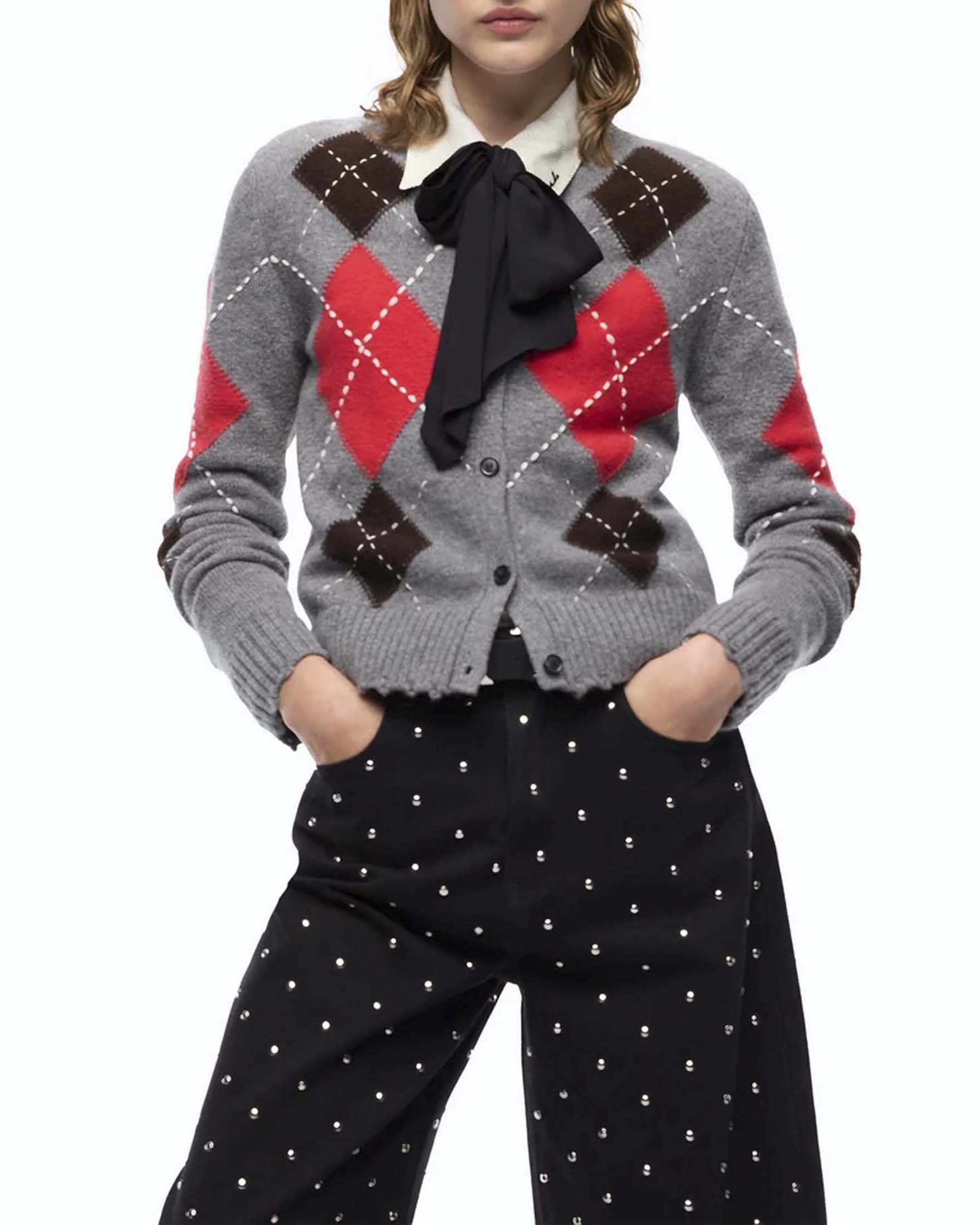 Cardigan Pinko grigio in lana e cashmere con motivo a losanghe colorate