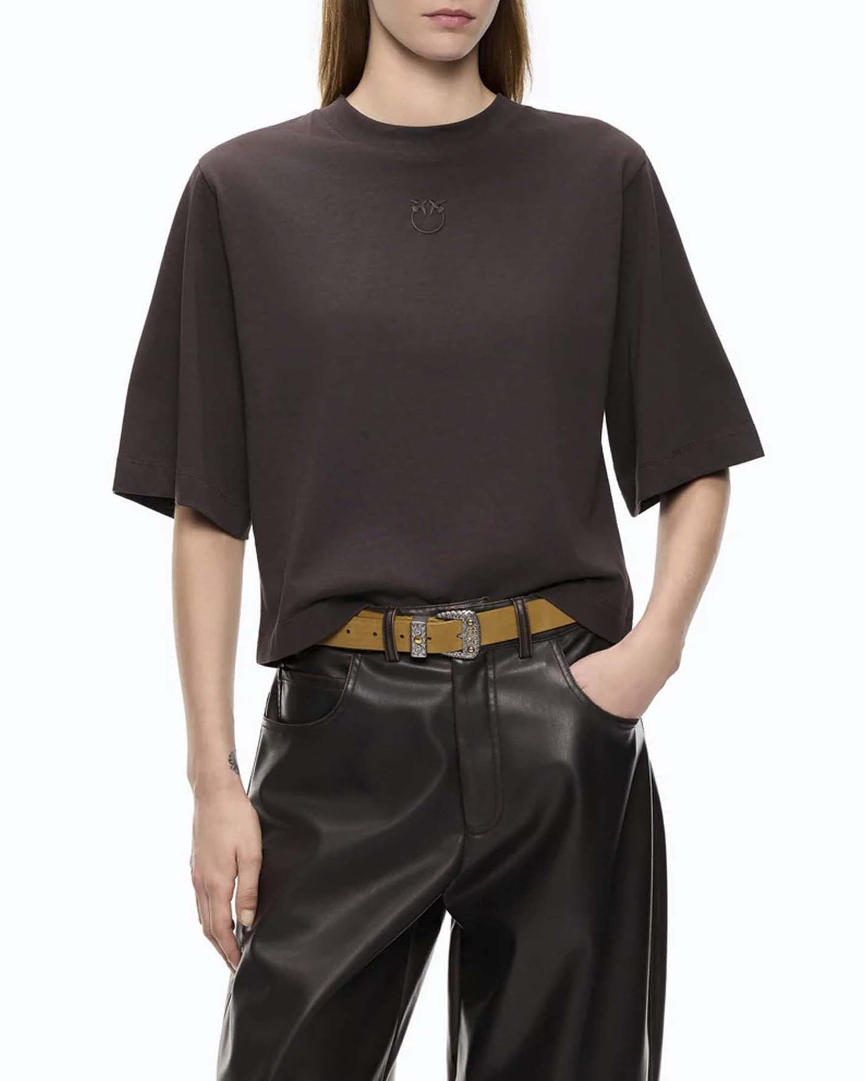 T-shirt boxy Pinko marrone in cotone con patch Love Birds
