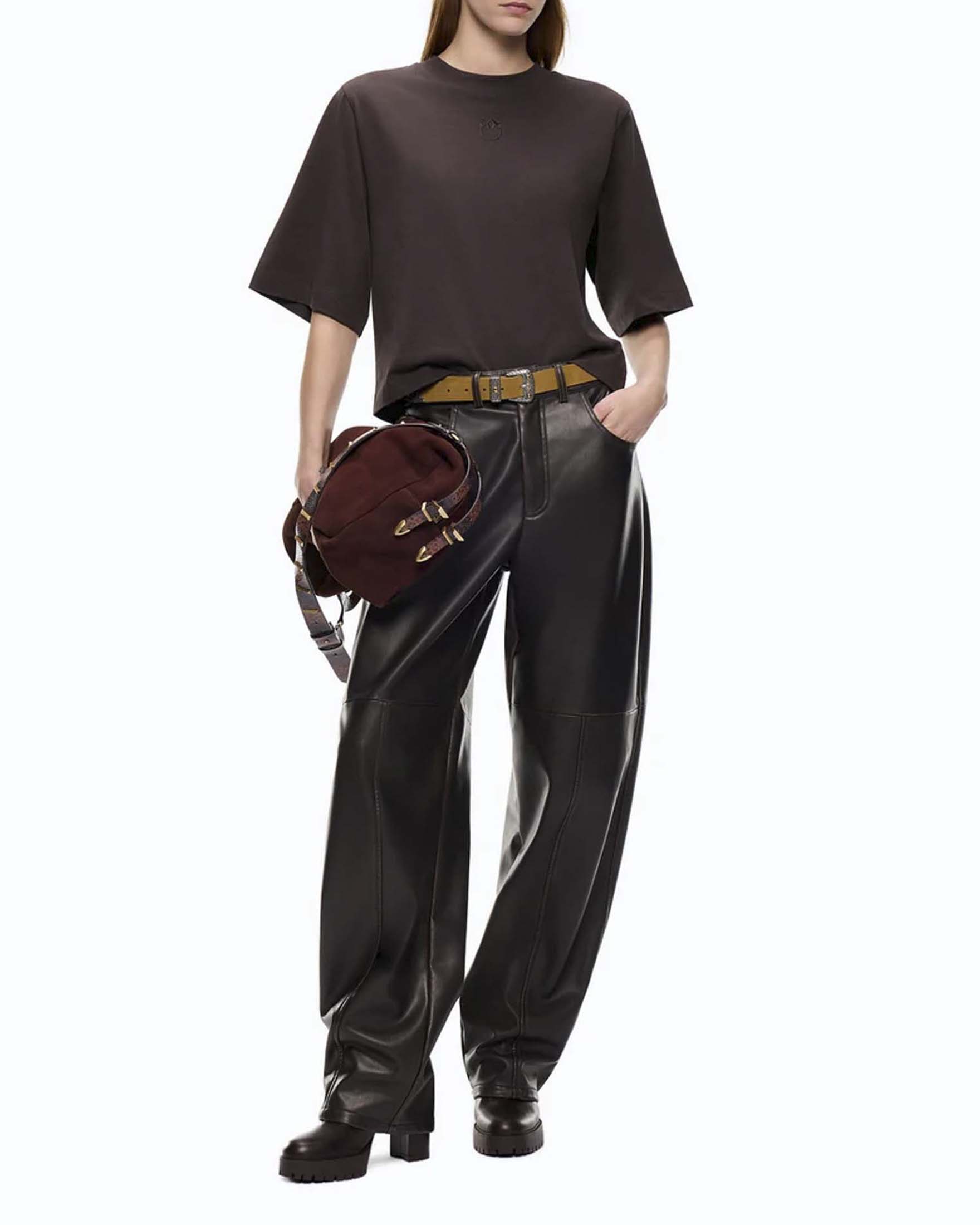T-shirt boxy Pinko marrone in cotone con patch Love Birds image