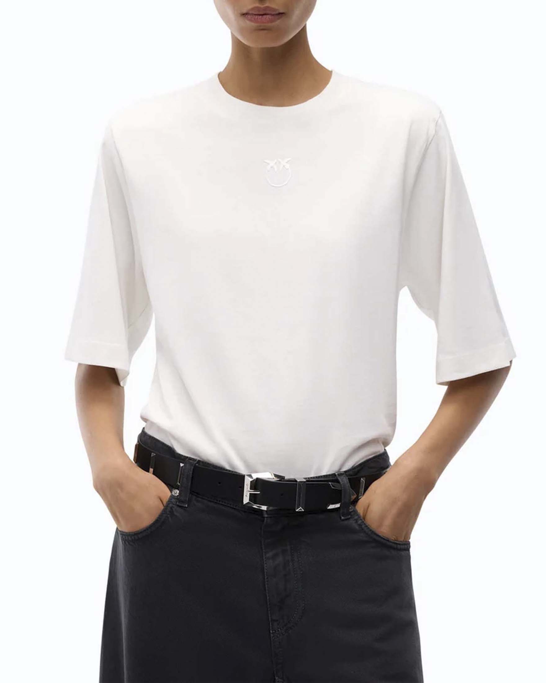 T-shirt boxy Pinko bianca in cotone con patch Love Birds