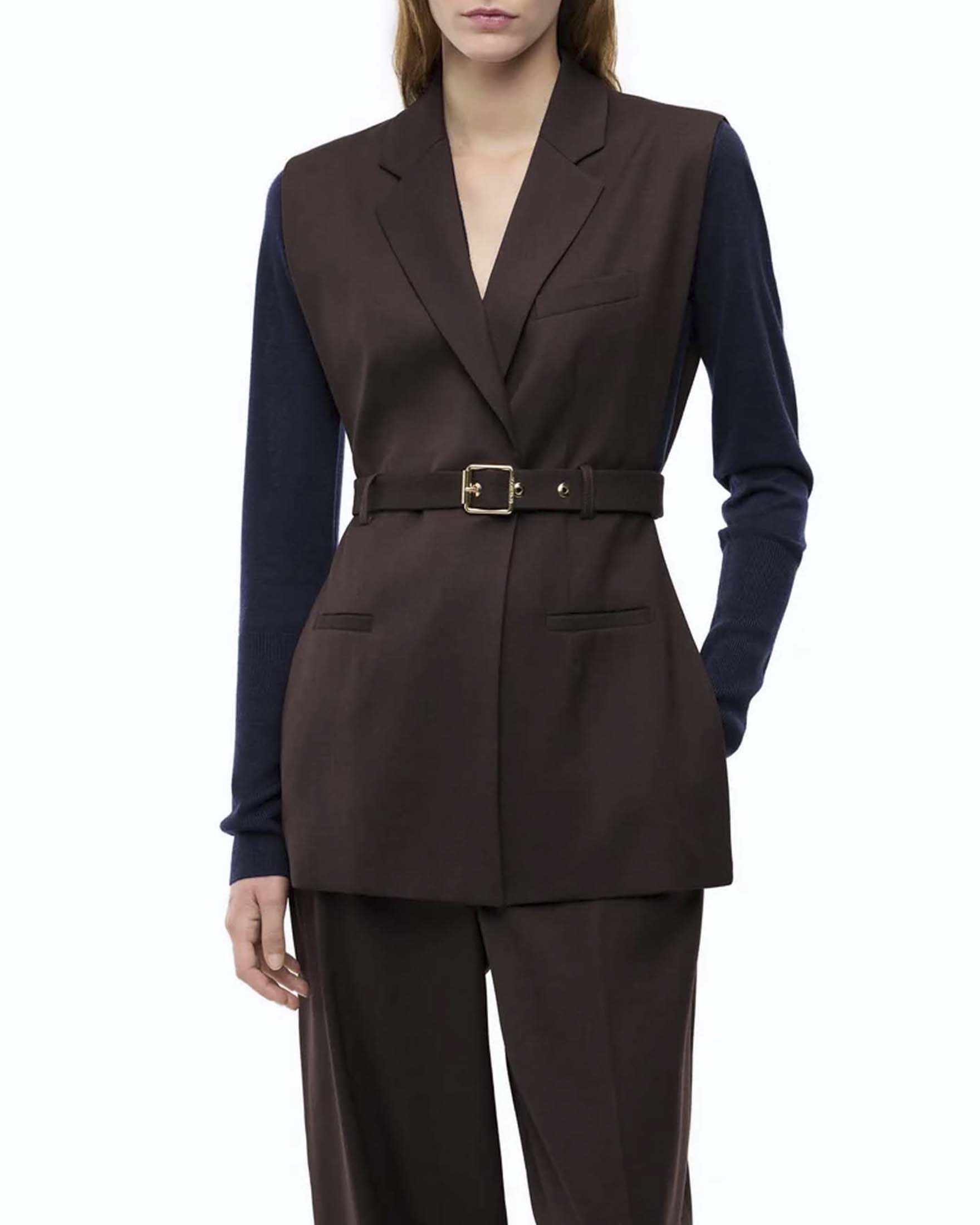 Gilet sartoriale Pinko marrone in misto lana stretch con cintura coordinata e revers classici