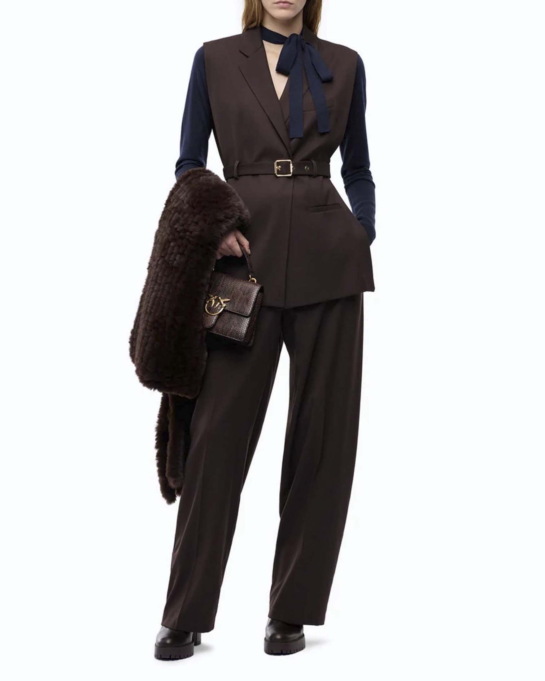 Gilet sartoriale Pinko marrone in misto lana stretch con cintura coordinata e revers classici image
