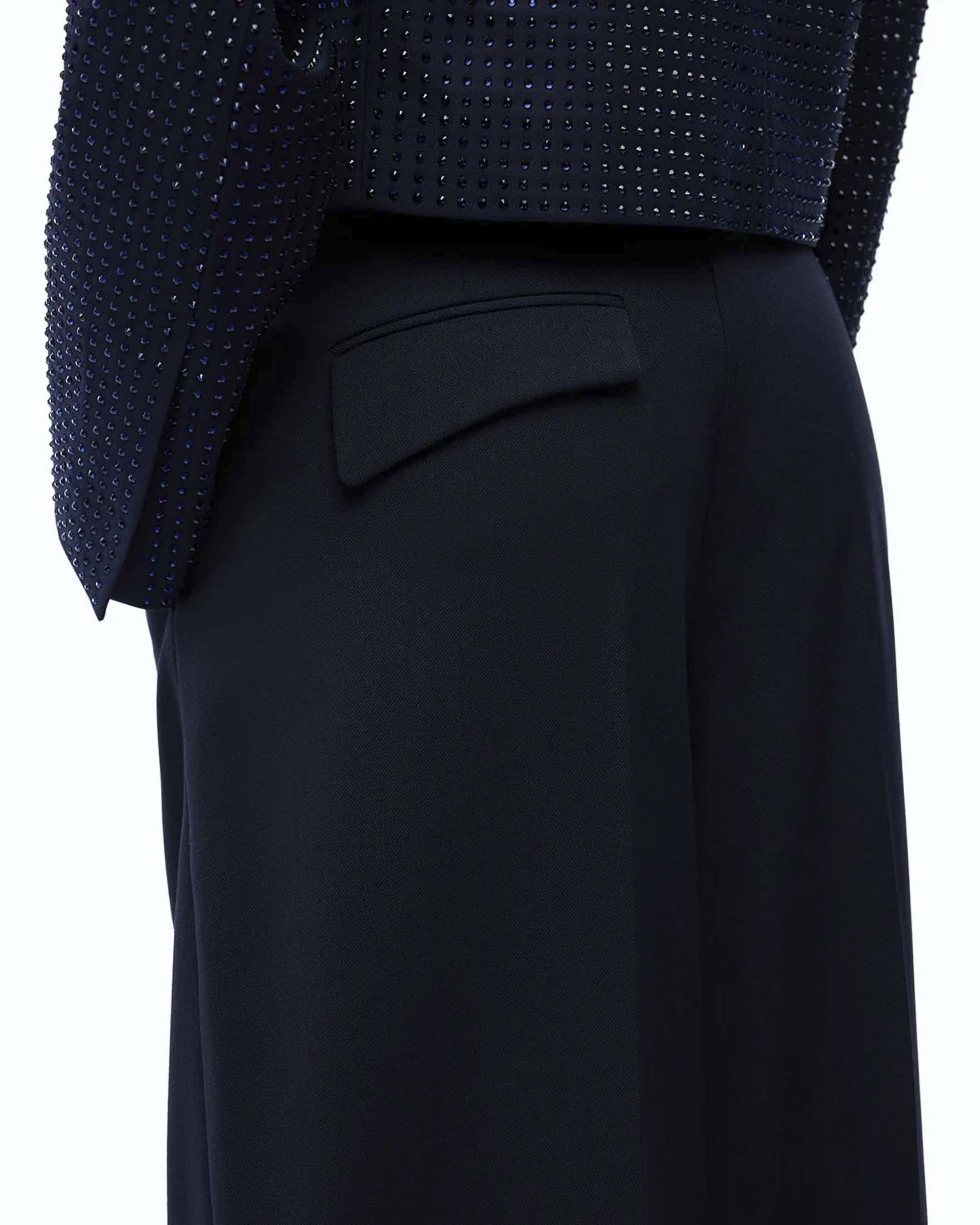 Pantaloni barrel Pinko blu in misto lana stretch con piega stirata e tasca a patta sul retro