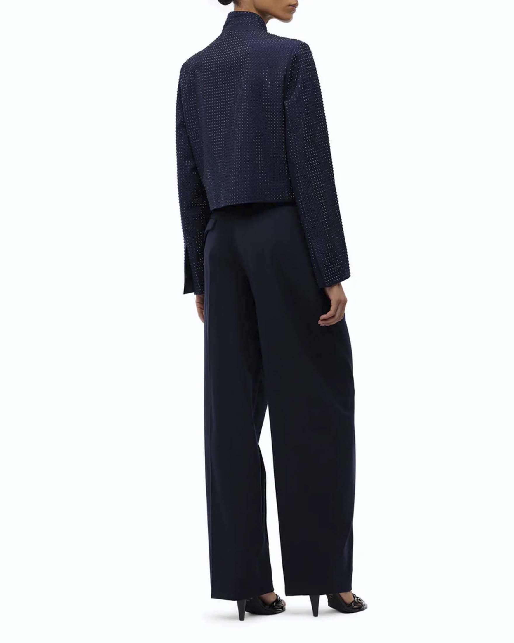 Pantaloni barrel Pinko blu in misto lana stretch con piega stirata e tasca a patta sul retro