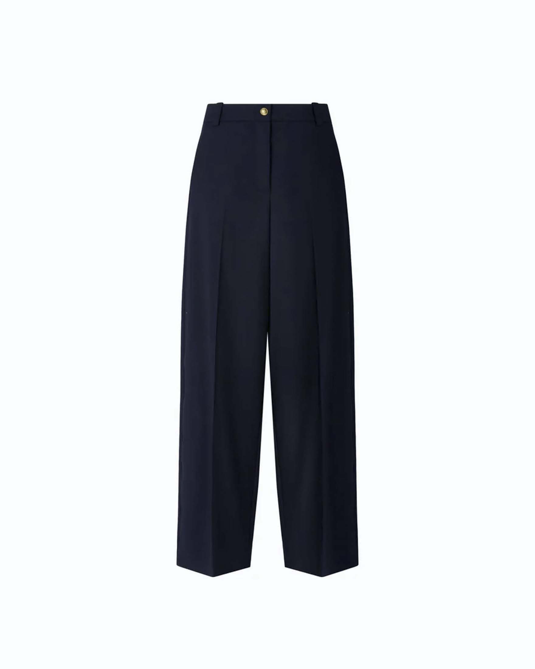 Pantaloni barrel Pinko blu in misto lana stretch con piega stirata e tasca a patta sul retro