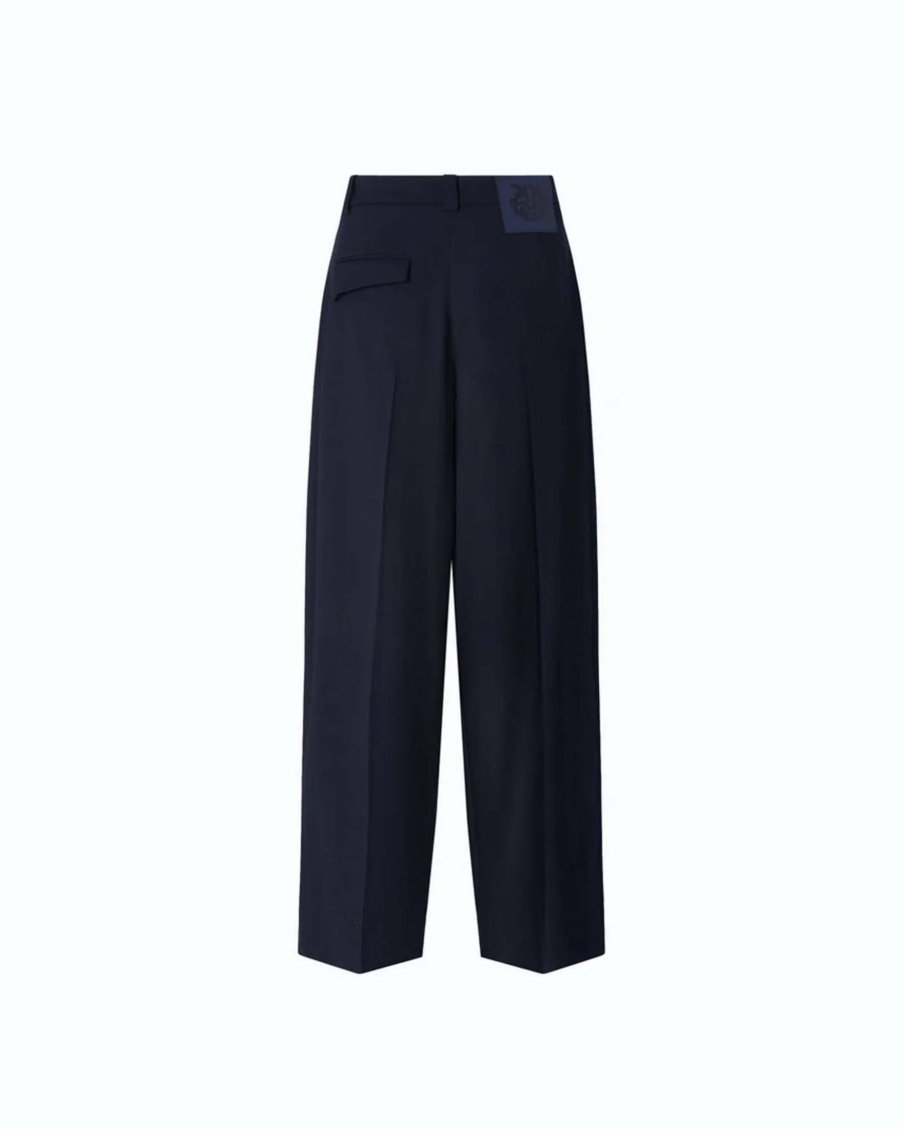 Pantaloni barrel Pinko blu in misto lana stretch con piega stirata e tasca a patta sul retro