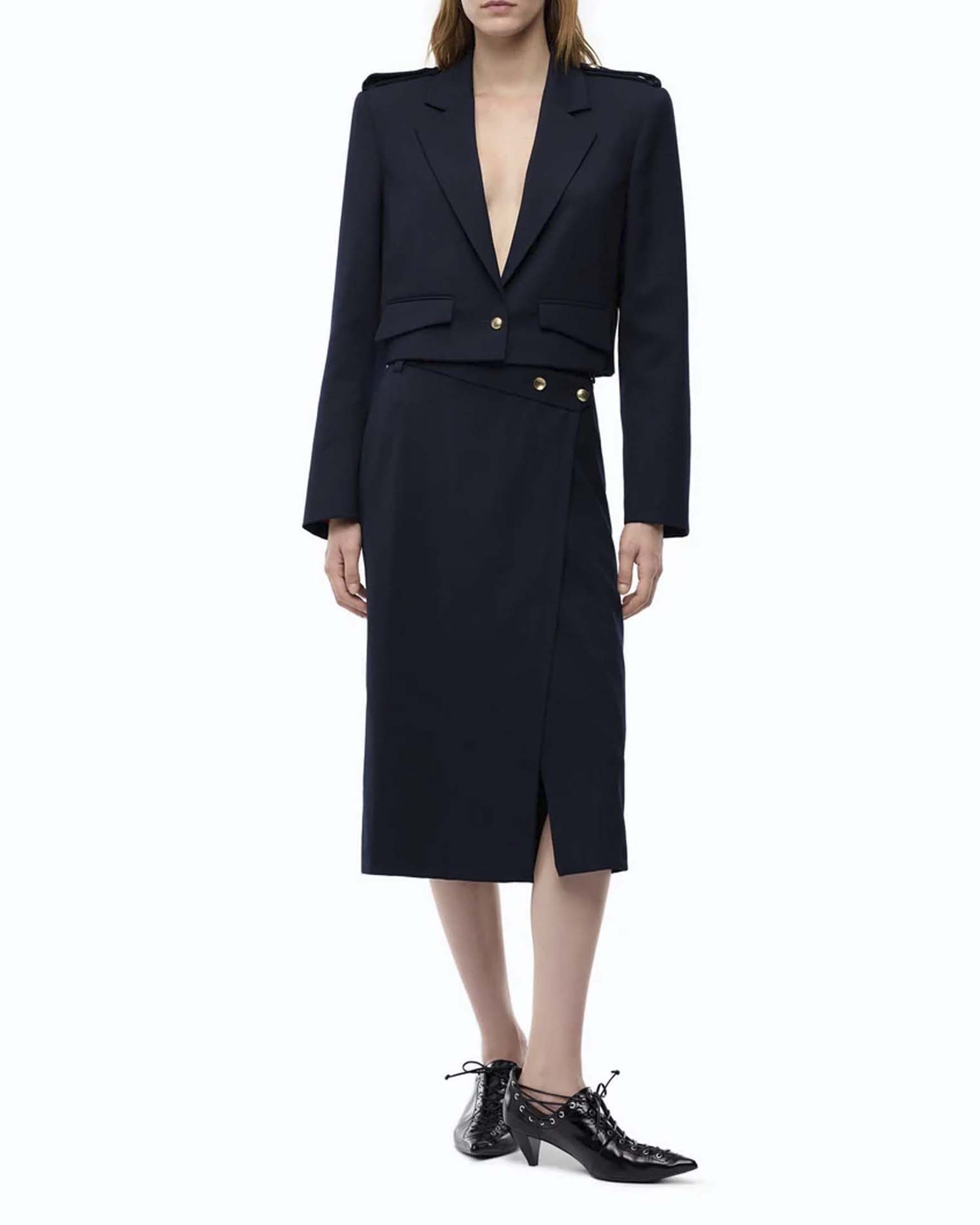 Gonna longuette a portafoglio Pinko blu in misto lana stretch con passanti da cintura