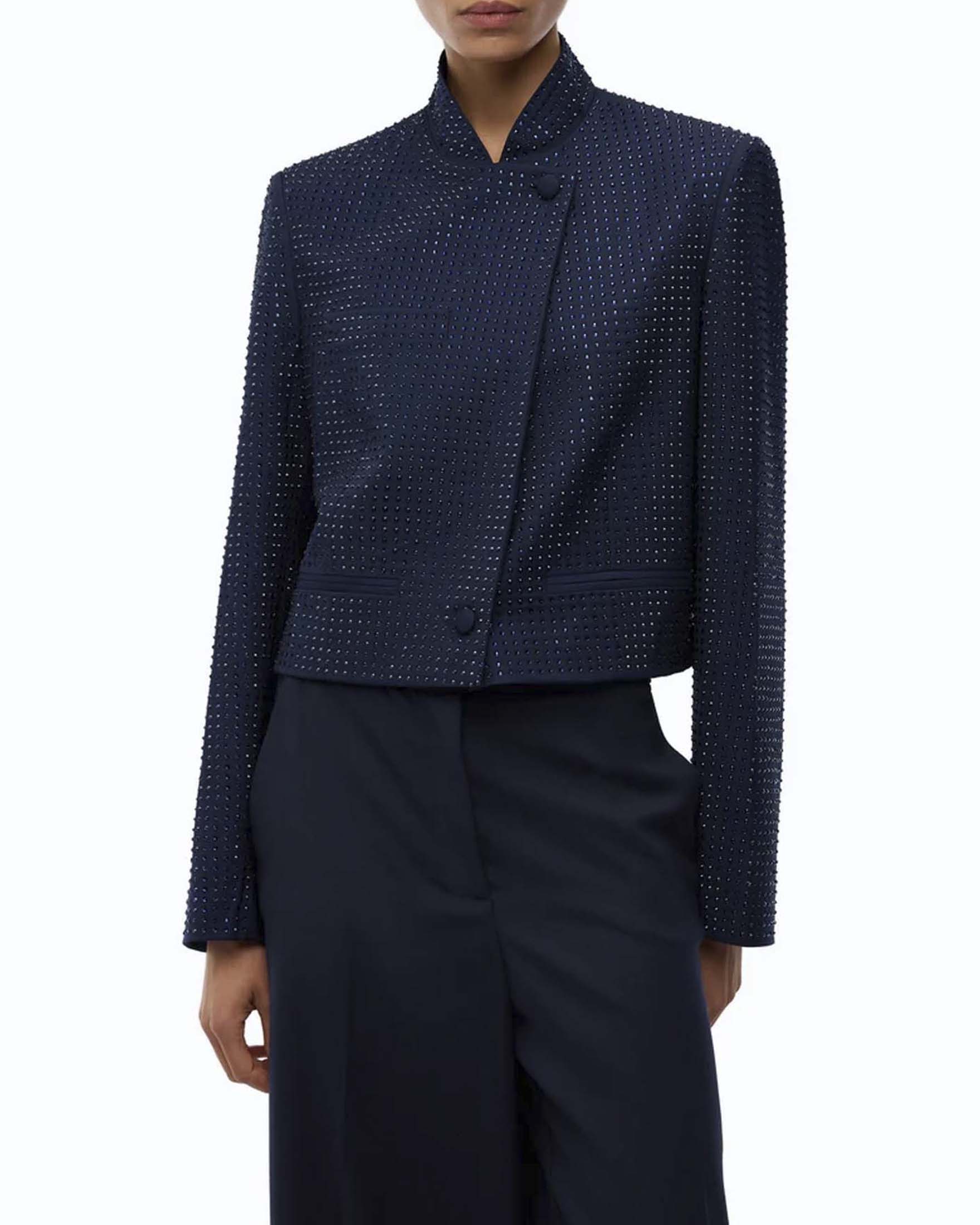 Giacca corta Pinko blu in misto viscosa con strass all over e chiusura frontale obliqua con bottoni
