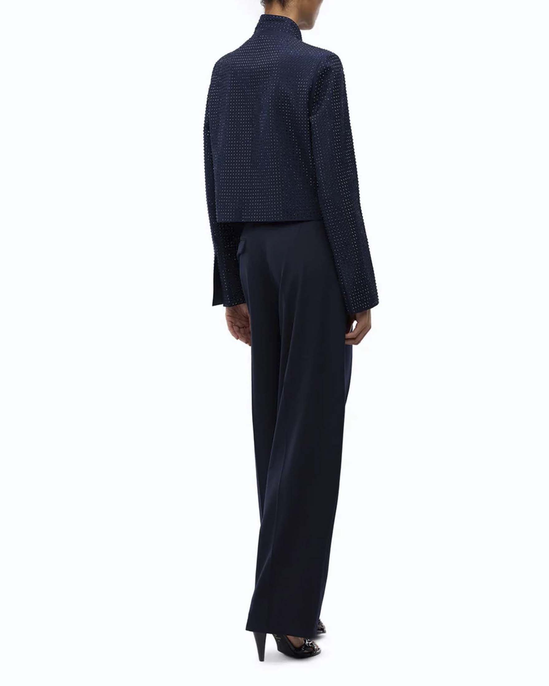 Giacca corta Pinko blu in misto viscosa con strass all over e chiusura frontale obliqua con bottoni