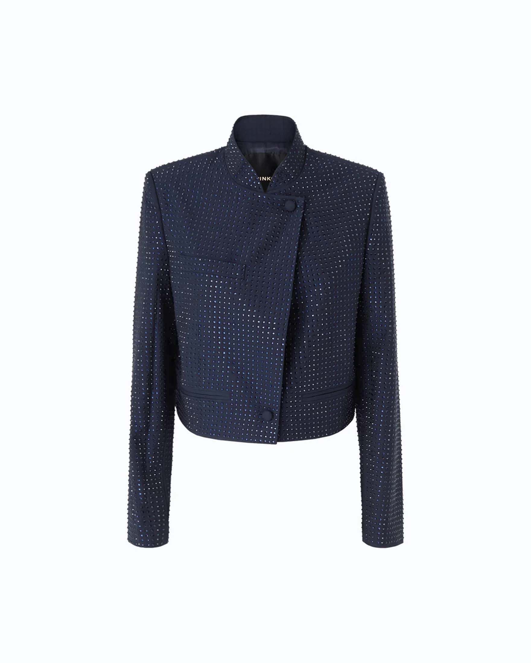 Giacca corta Pinko blu in misto viscosa con strass all over e chiusura frontale obliqua con bottoni