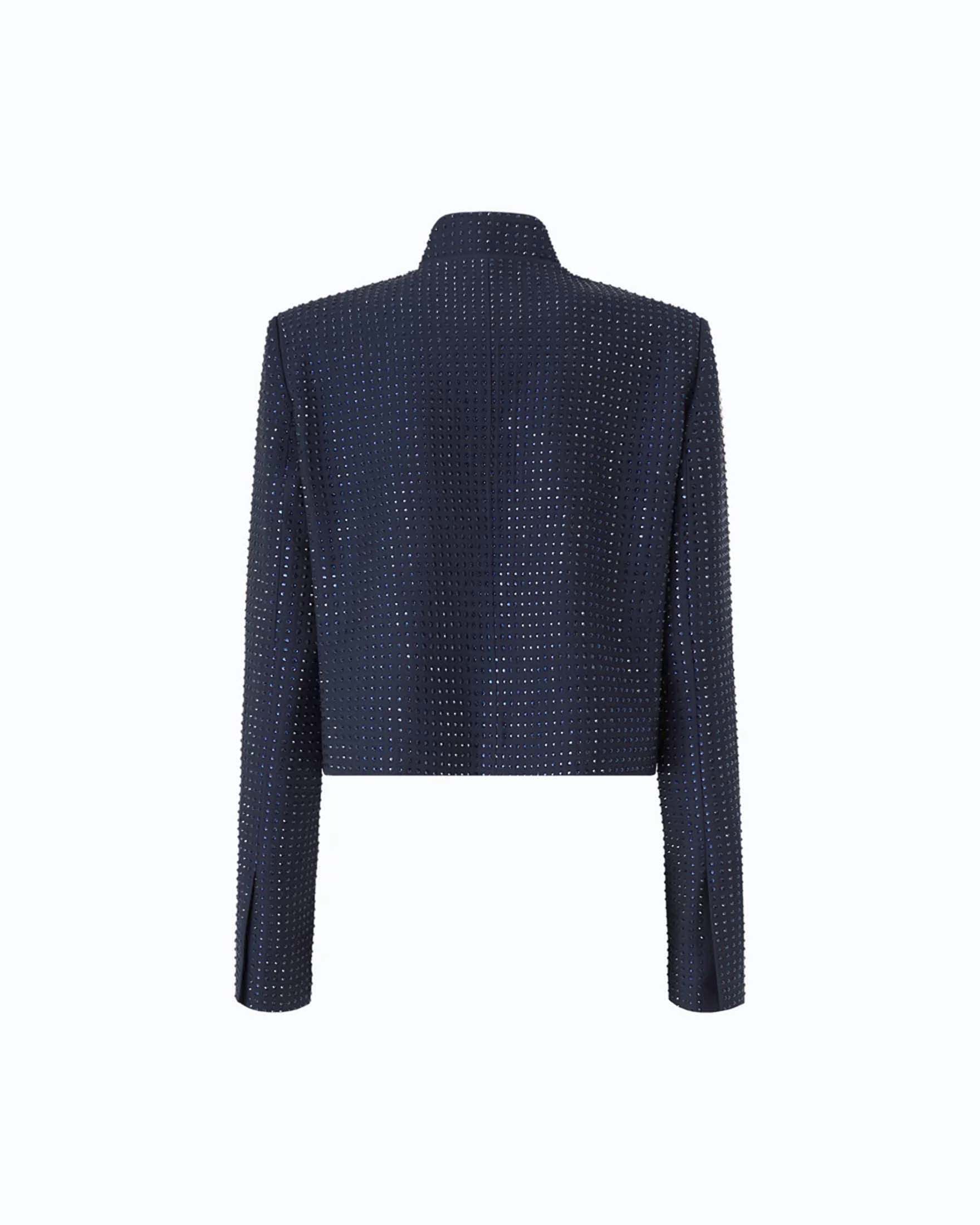 Giacca corta Pinko blu in misto viscosa con strass all over e chiusura frontale obliqua con bottoni