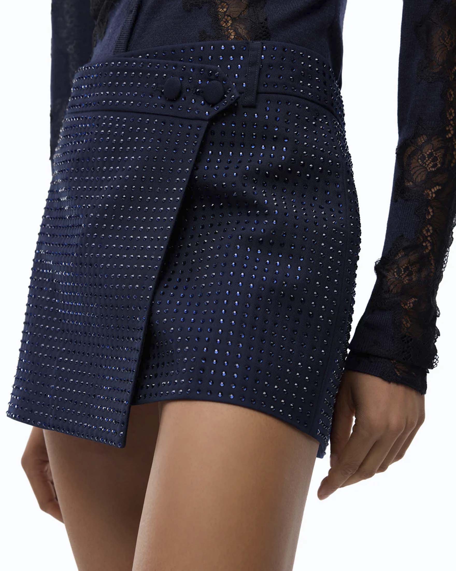 Minigonna a portafoglio Pinko blu con strass all over e passanti da cintura