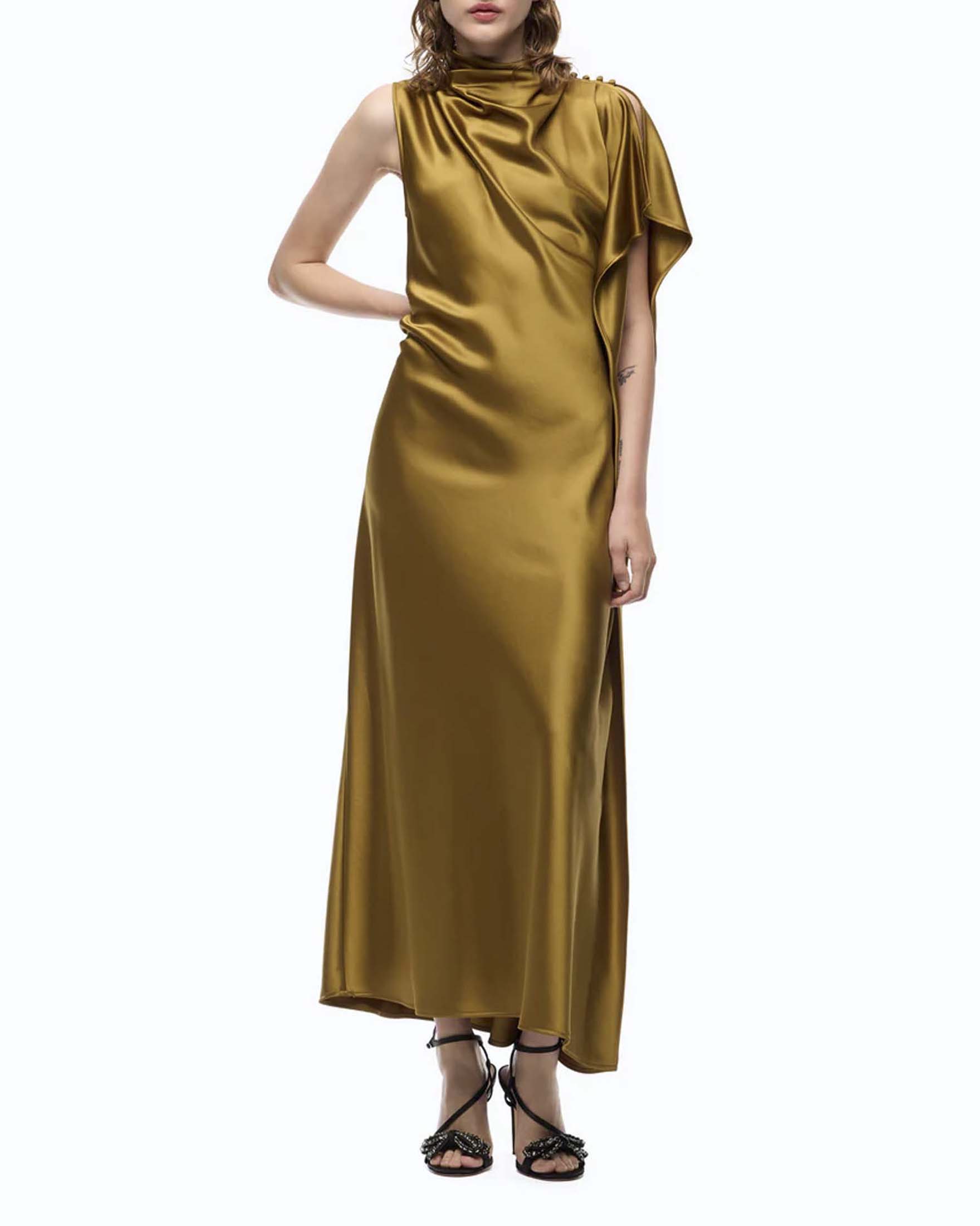Abito lungo Pinko color olio in satin double face con volant e cut out sul retro