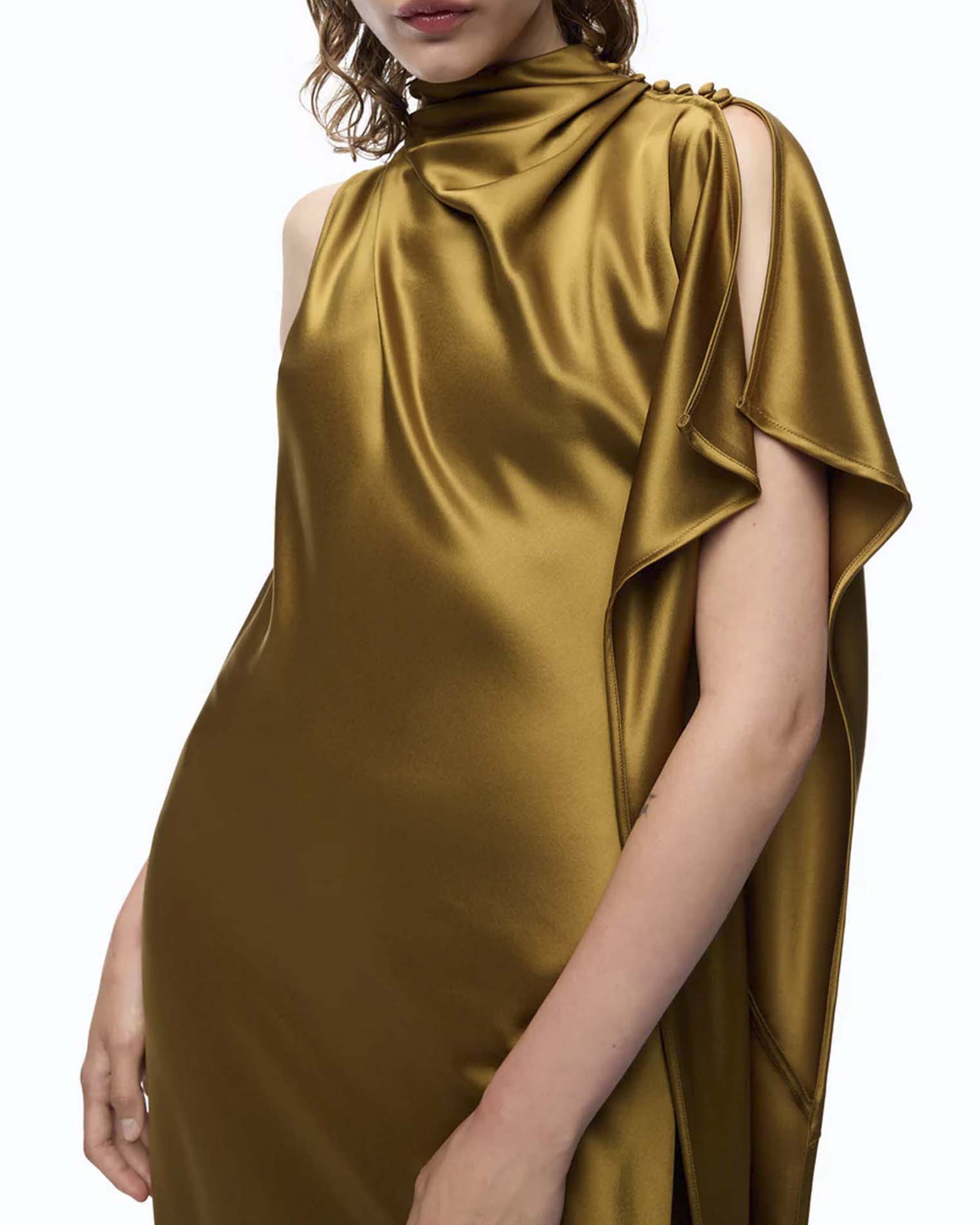 Abito lungo Pinko color olio in satin double face con volant e cut out sul retro image