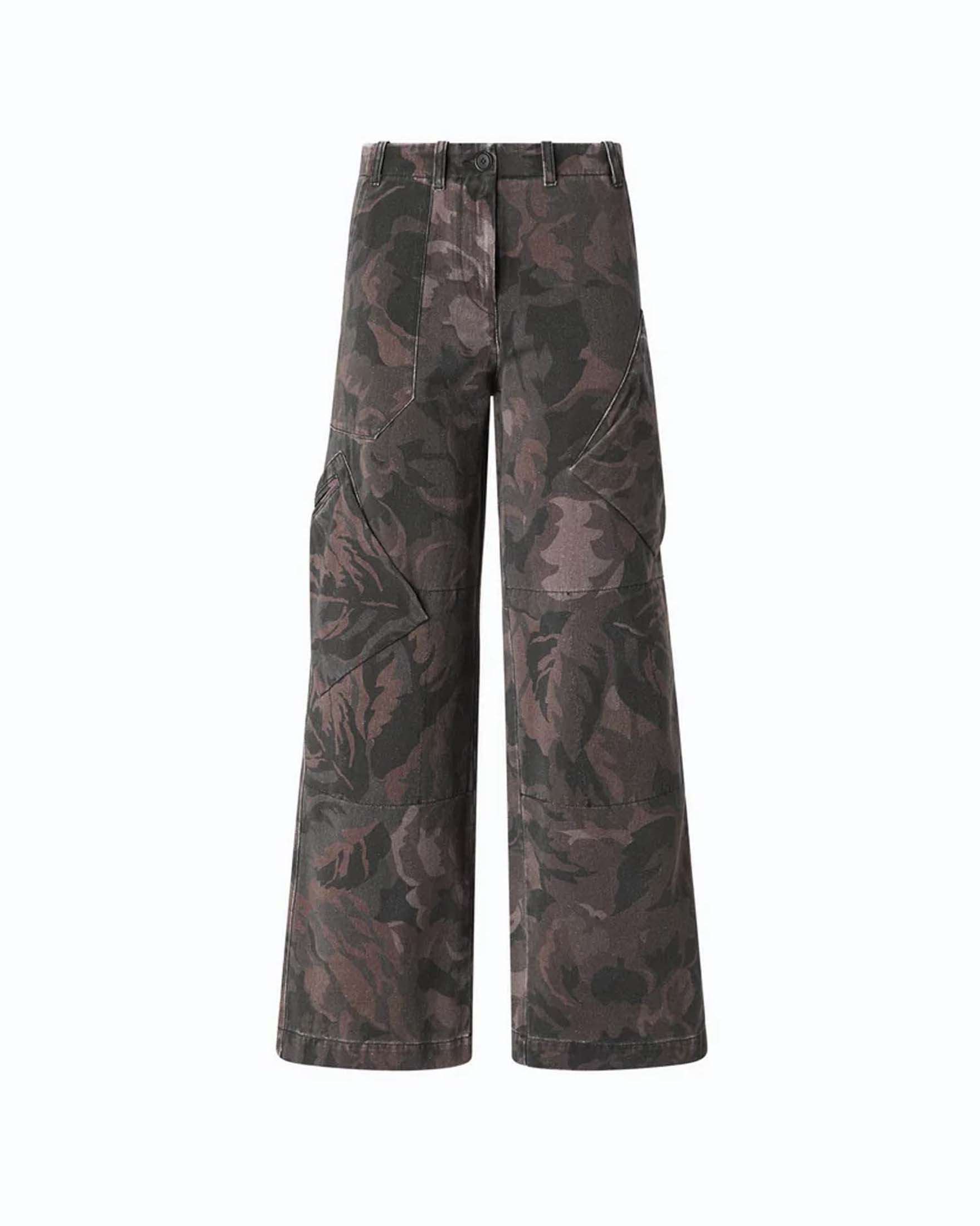 Pantaloni cargo Pinko color khaki in gabardina con stampa camouflage floreale e tasche utility
