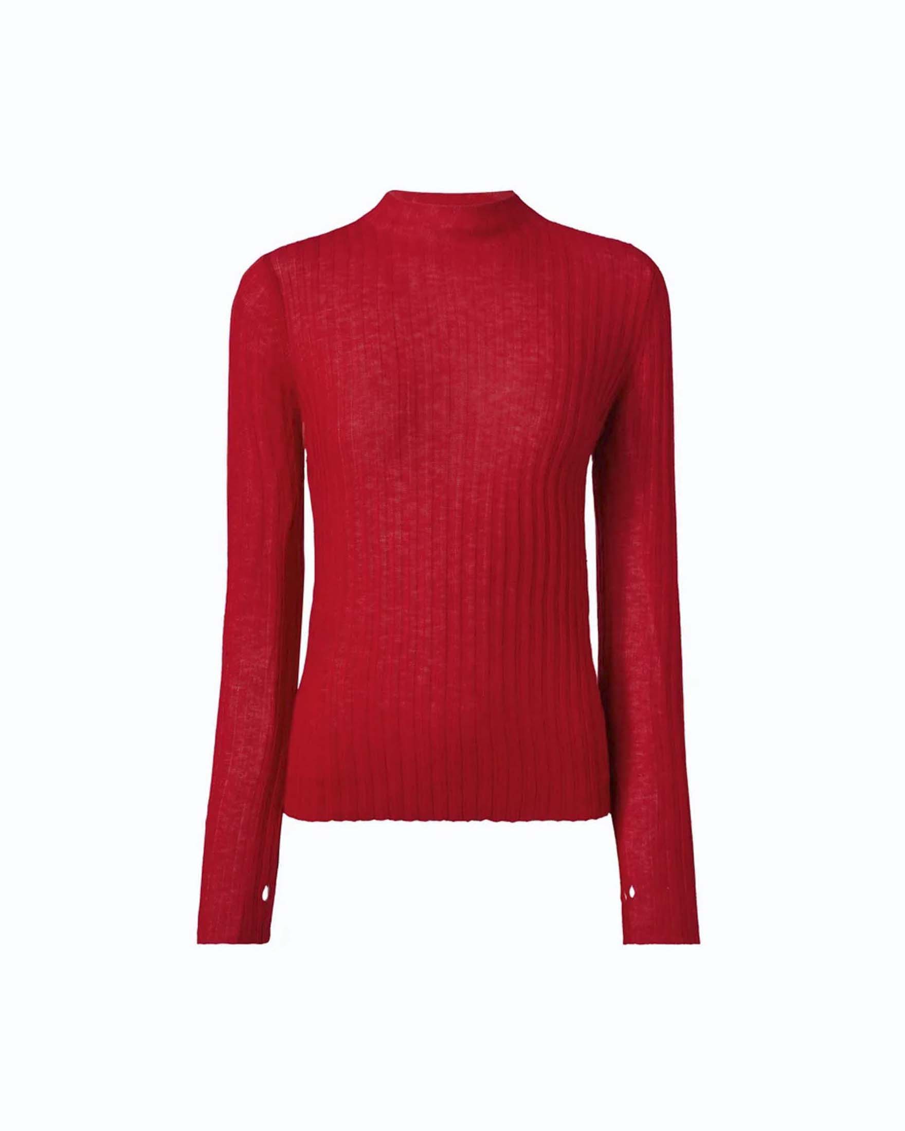 Maglia aderente Pinko rossa in pura lana a coste con collo rialzato
