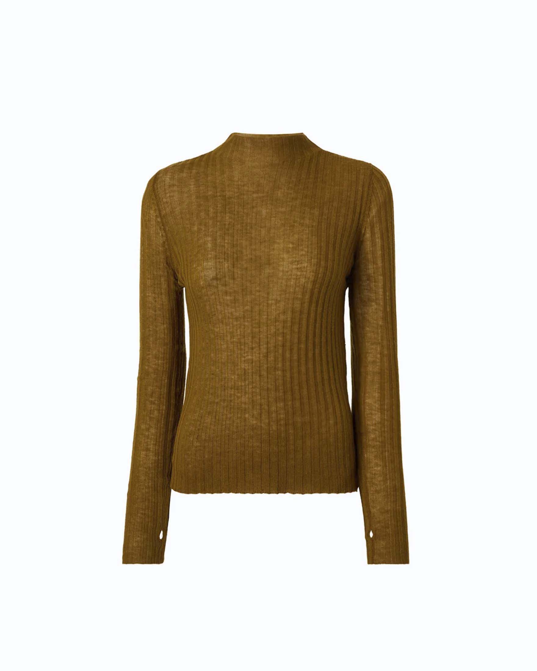 Maglia aderente Pinko color olio in pura lana a coste con collo rialzato