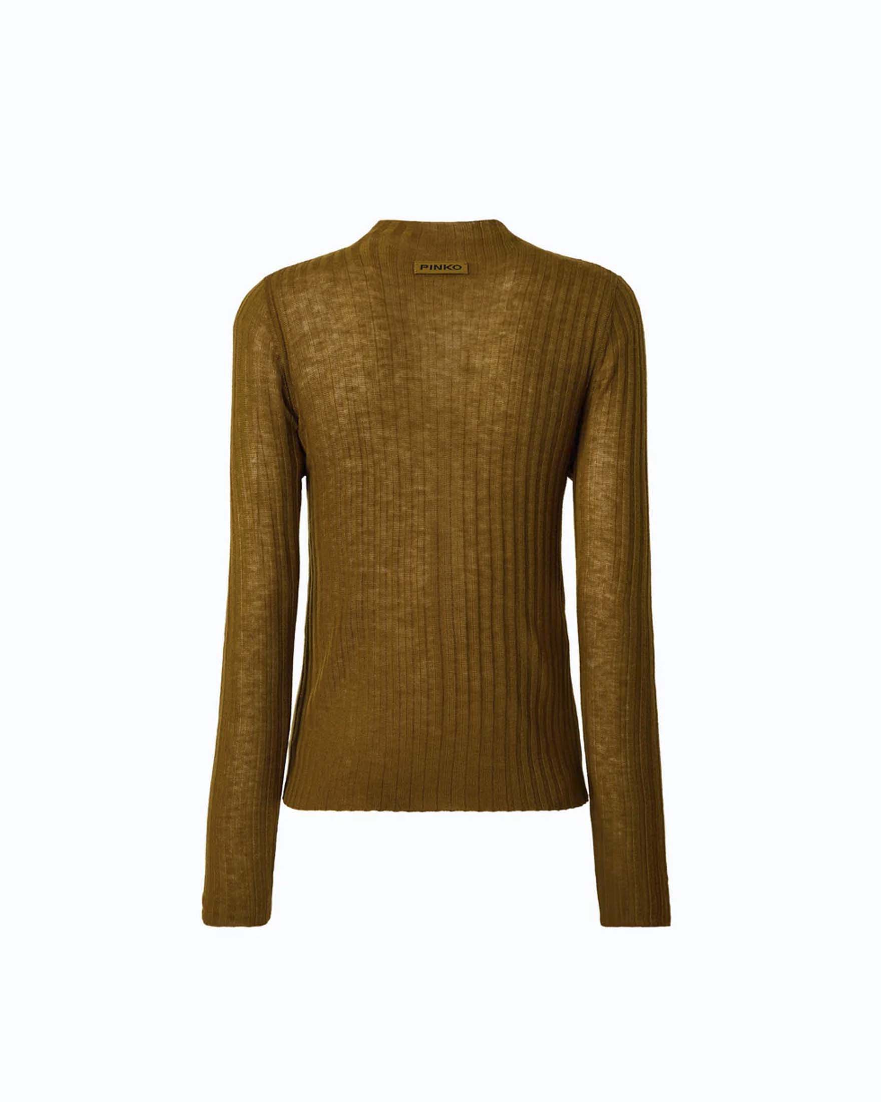 Maglia aderente Pinko color olio in pura lana a coste con collo rialzato