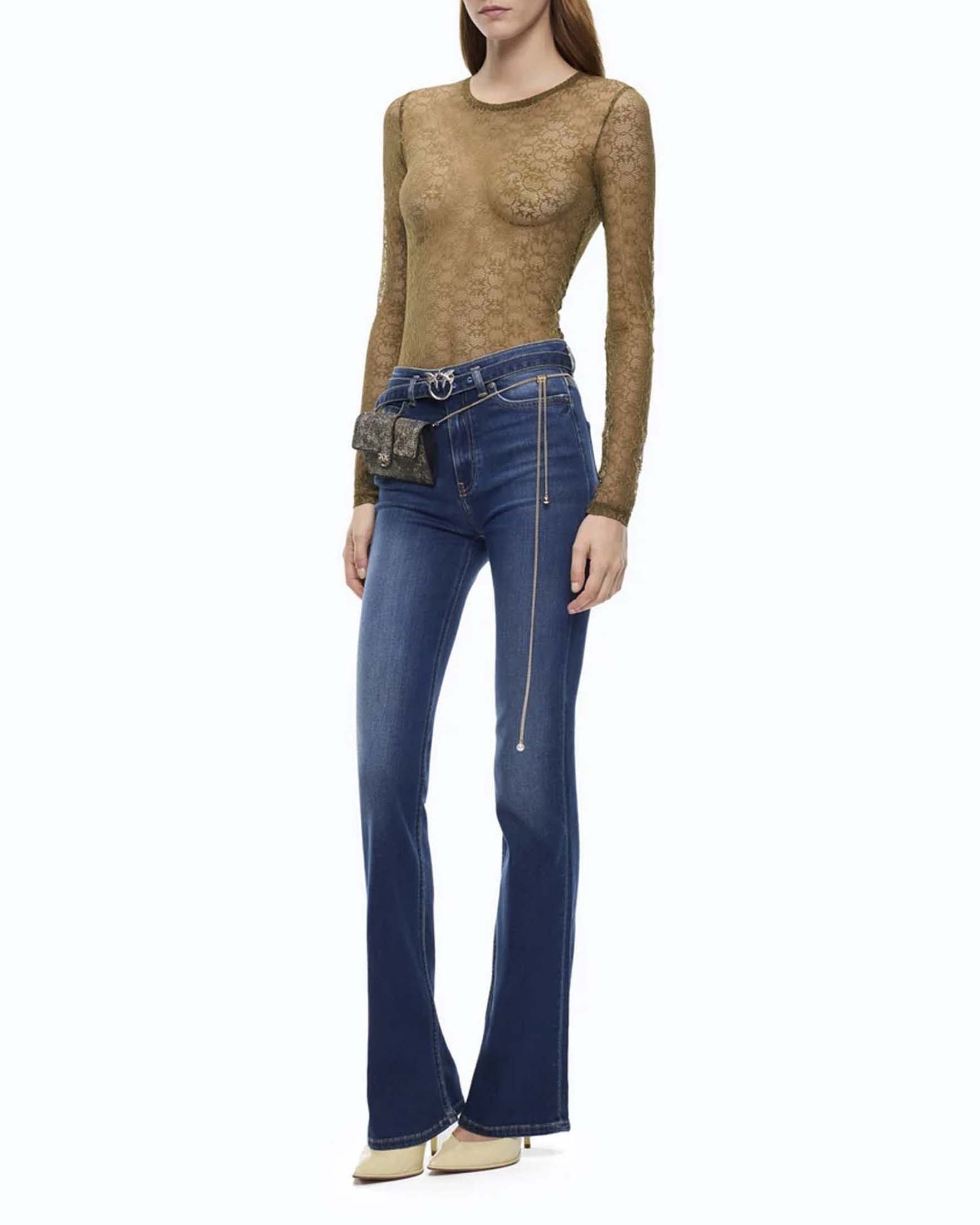 Maglia maniche lunghe Pinko color olio in pizzo stretch girocollo con motivo Love Birds