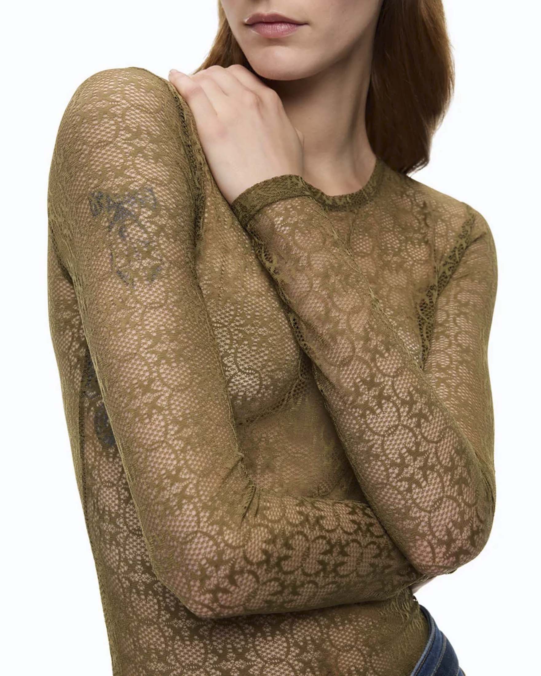 Maglia maniche lunghe Pinko color olio in pizzo stretch girocollo con motivo Love Birds