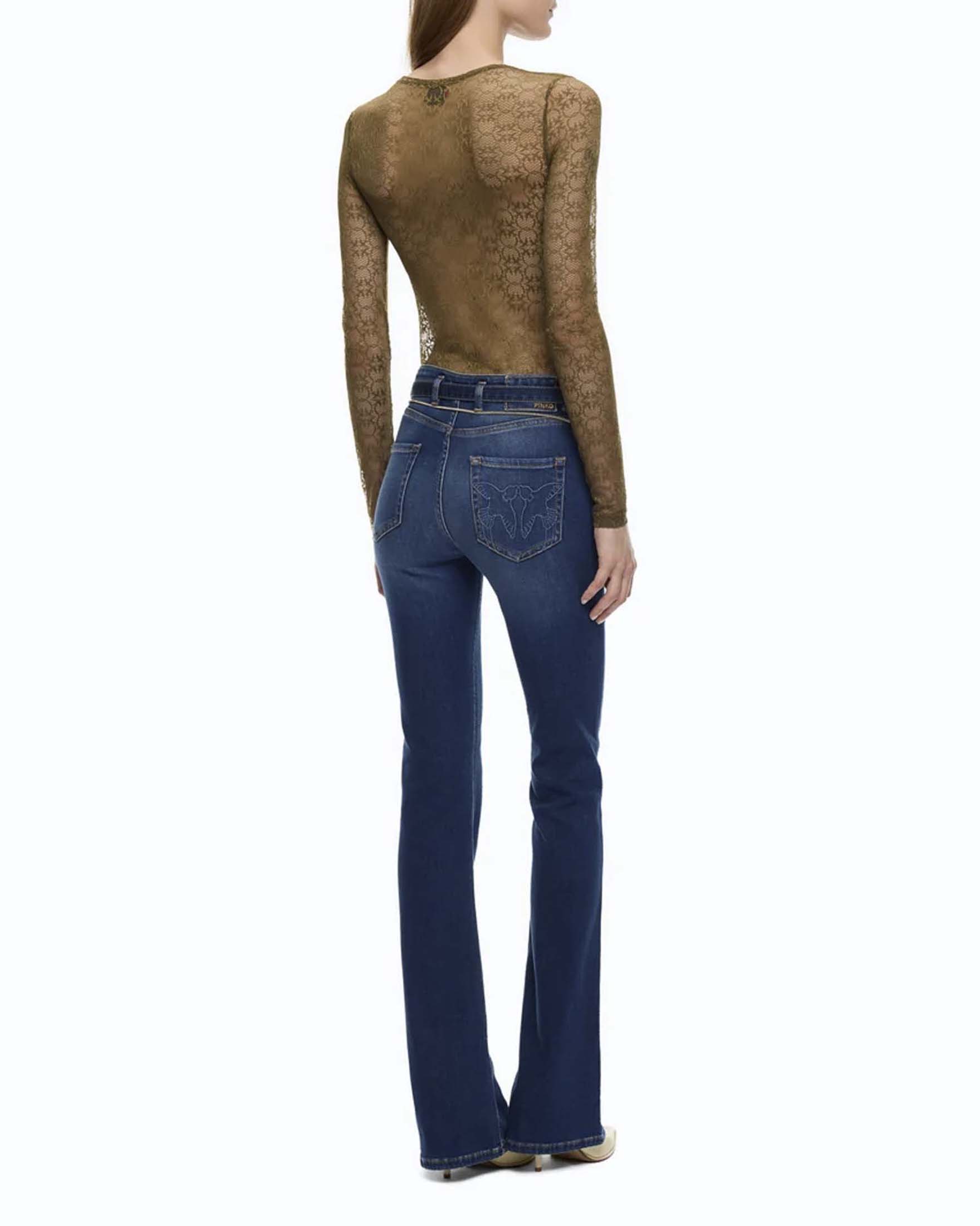 Maglia maniche lunghe Pinko color olio in pizzo stretch girocollo con motivo Love Birds