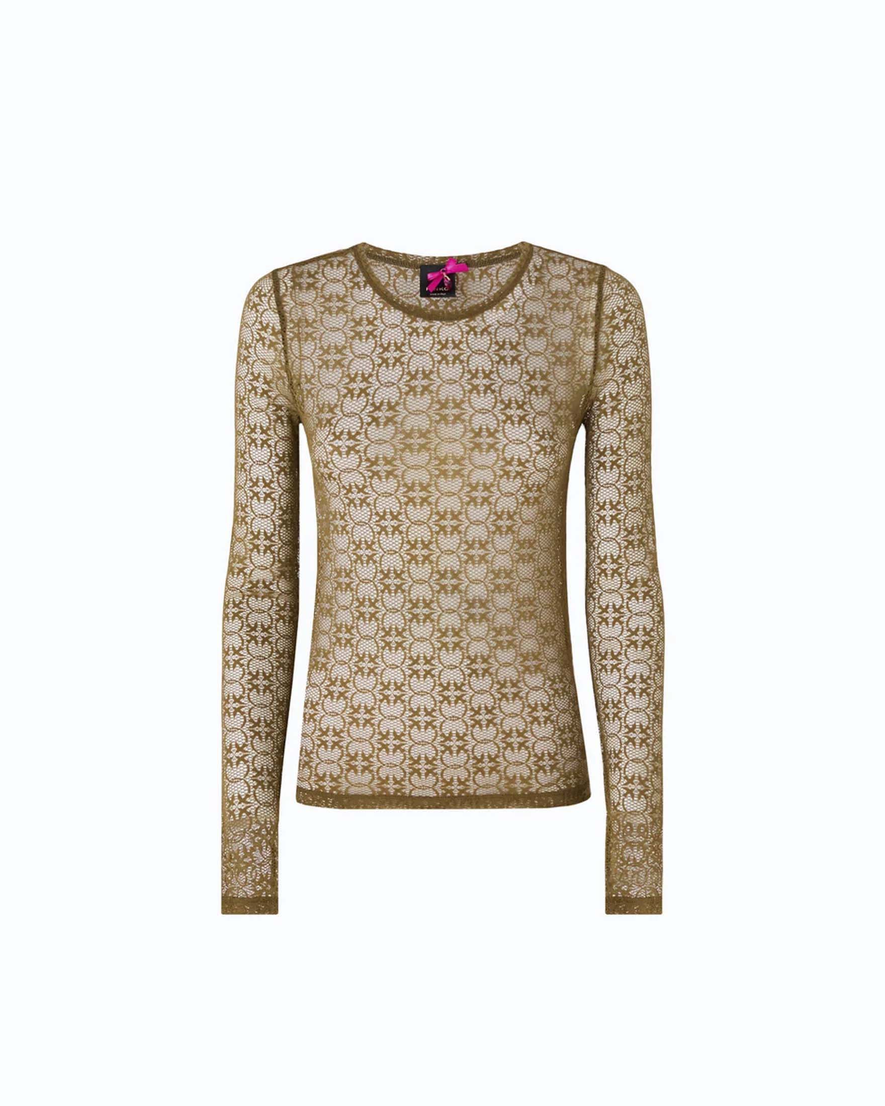 Maglia maniche lunghe Pinko color olio in pizzo stretch girocollo con motivo Love Birds