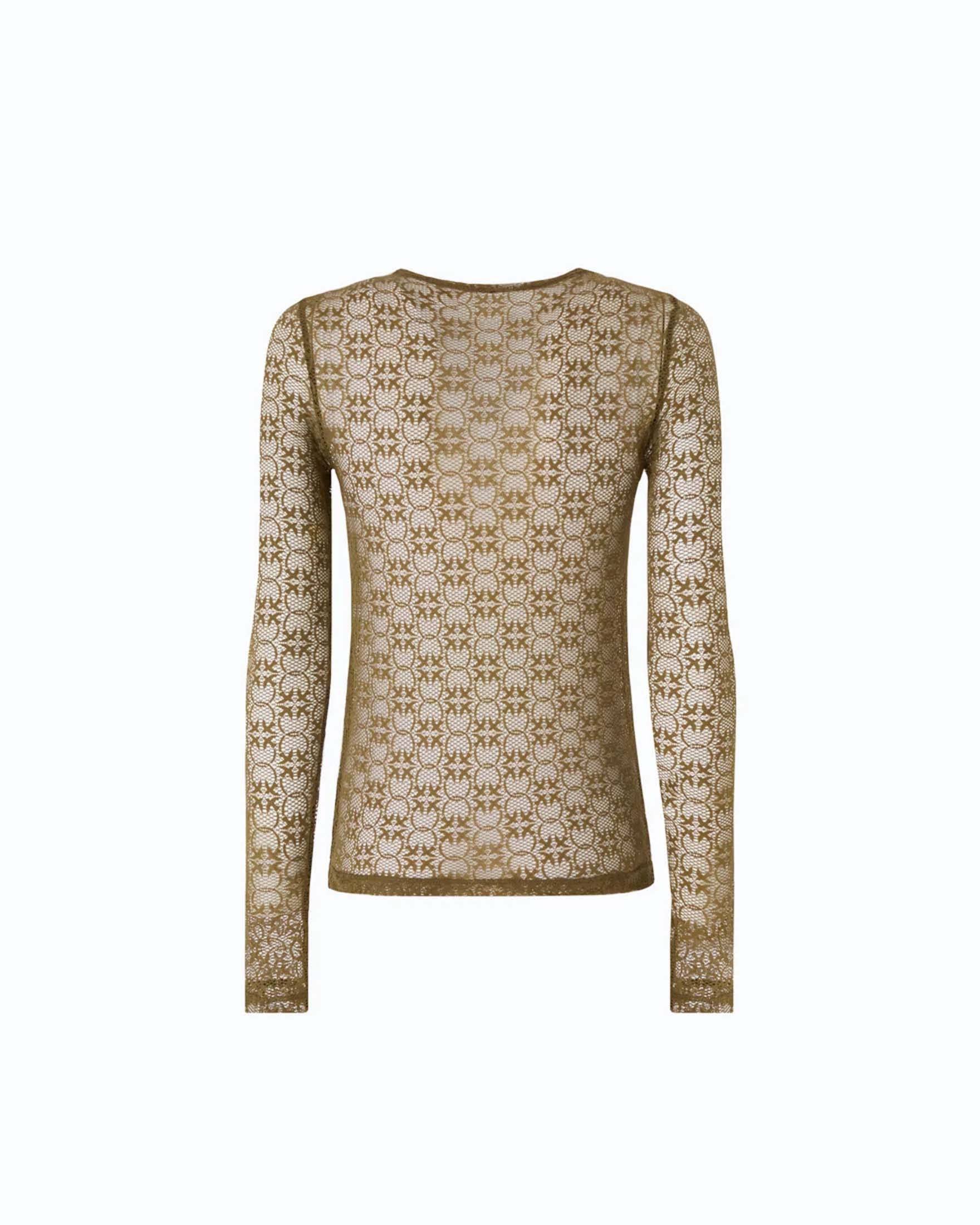 Maglia maniche lunghe Pinko color olio in pizzo stretch girocollo con motivo Love Birds