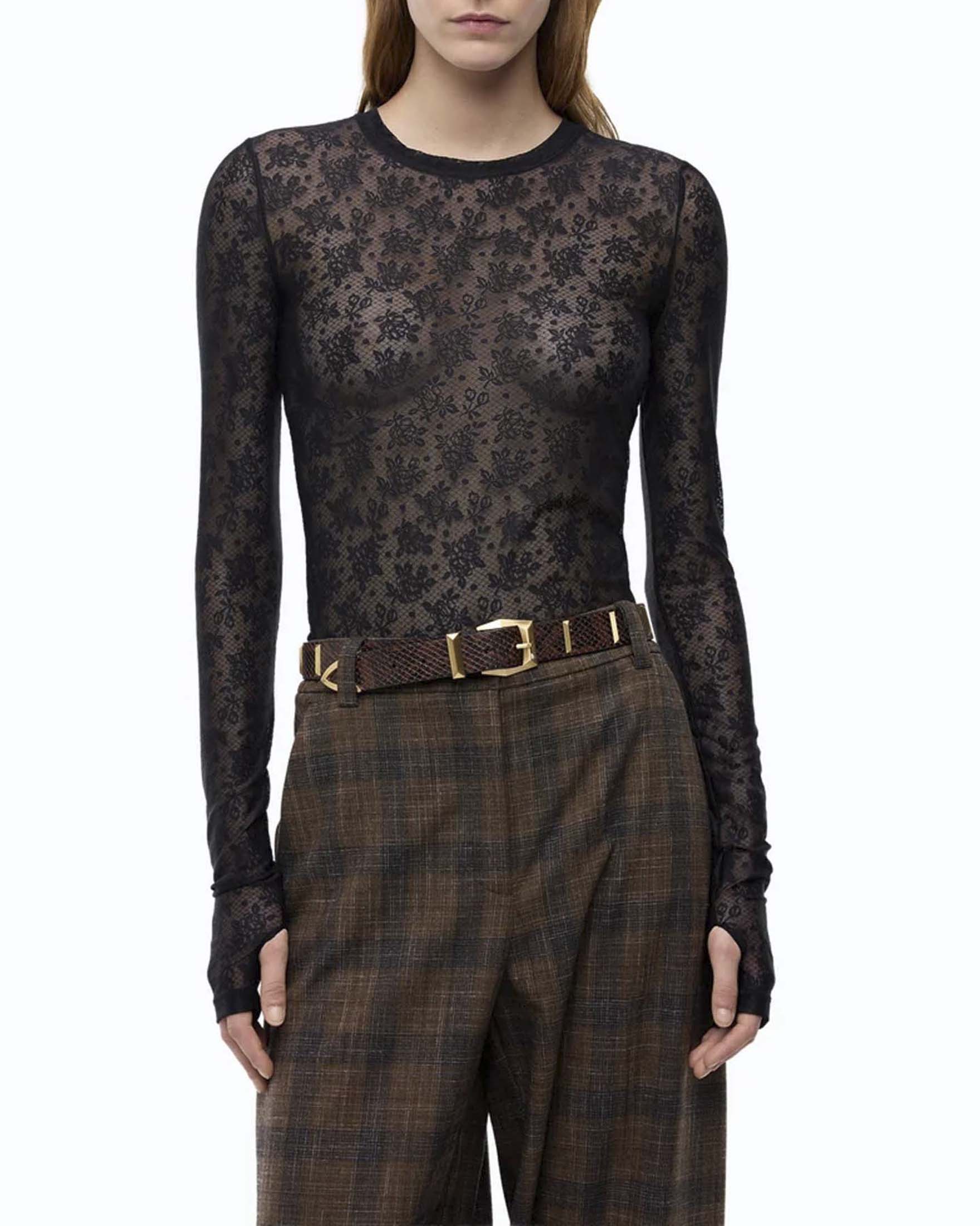Maglia maniche lunghe Pinko nera in pizzo stretch girocollo con motivo floreale