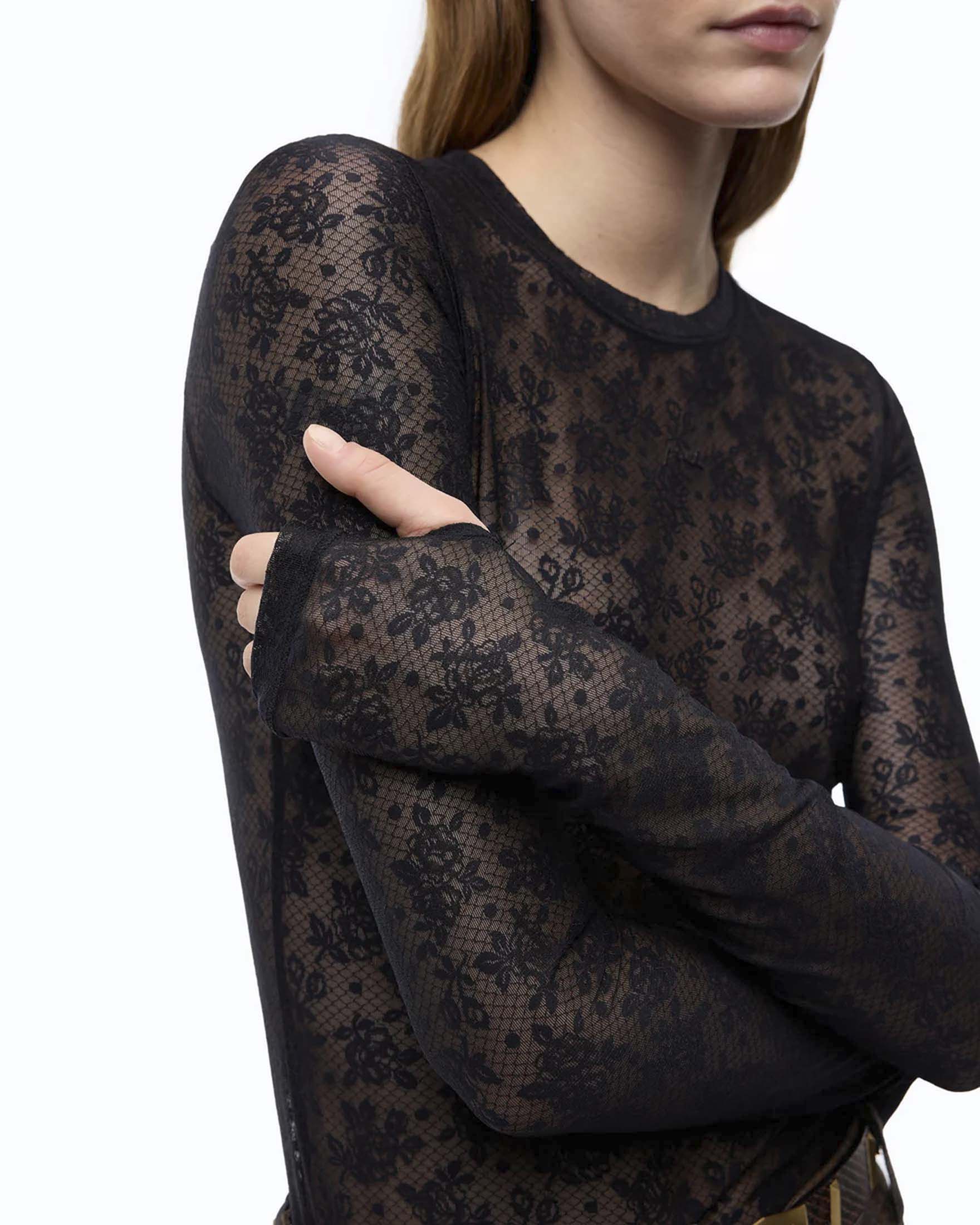 Maglia maniche lunghe Pinko nera in pizzo stretch girocollo con motivo floreale