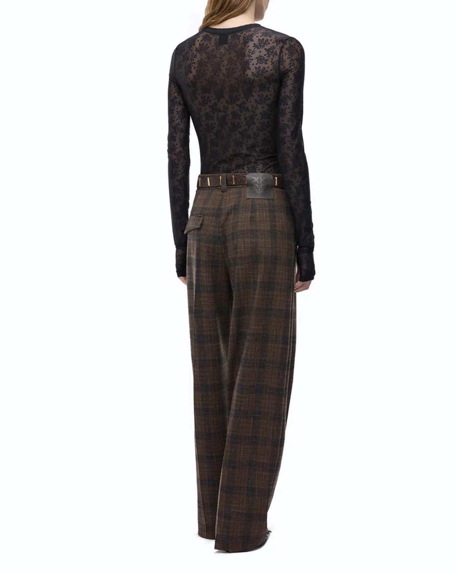 Maglia maniche lunghe Pinko nera in pizzo stretch girocollo con motivo floreale