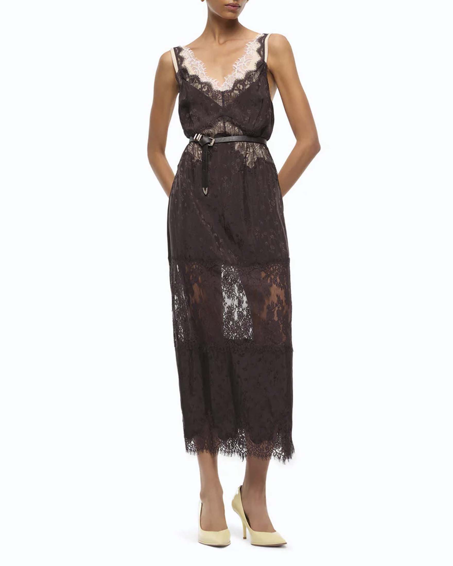 Abito midi sottoveste Pinko marrone in acetato con pizzo rebrodé e motivo jacquard floreale