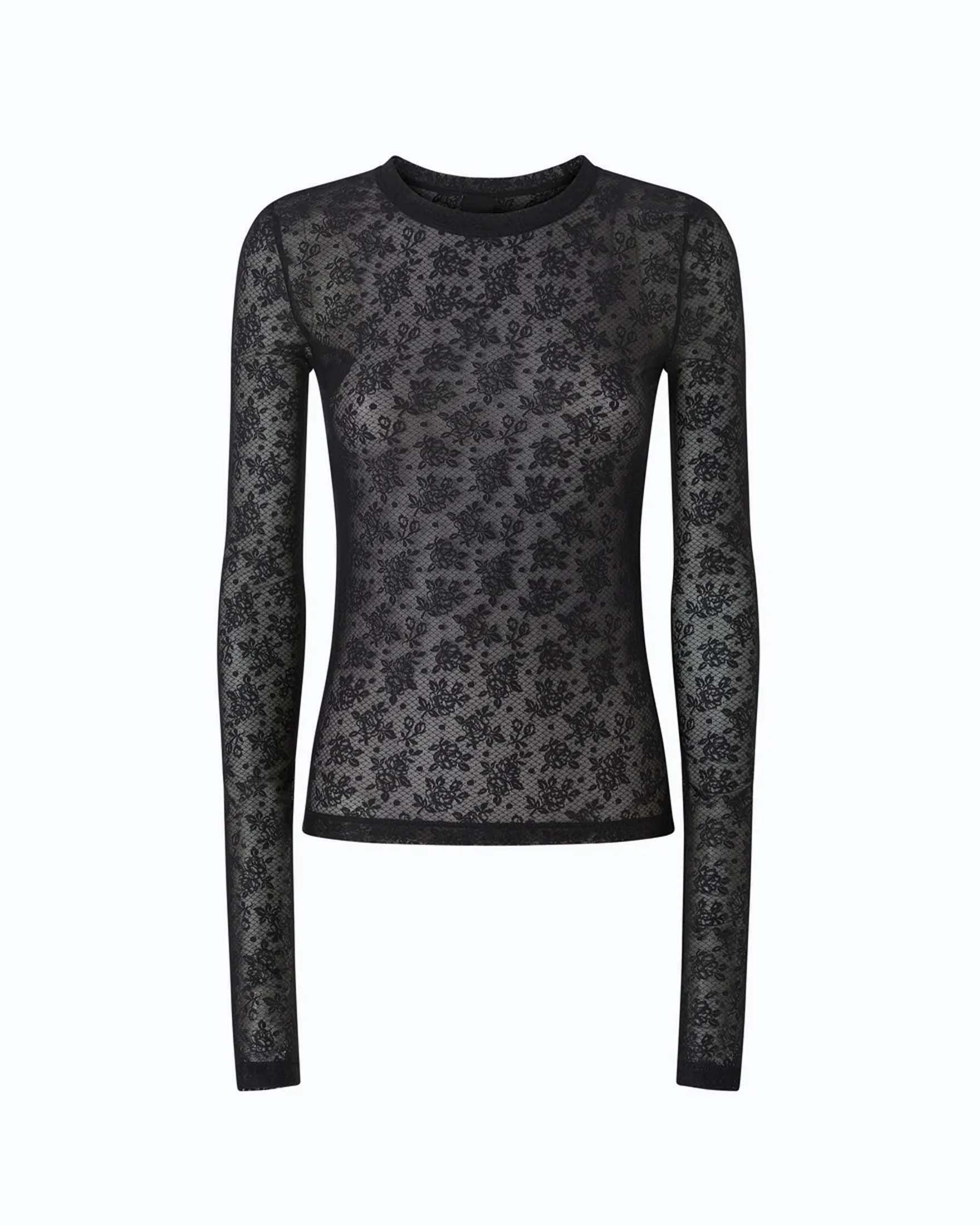 Maglia maniche lunghe Pinko nera in pizzo stretch girocollo con motivo floreale