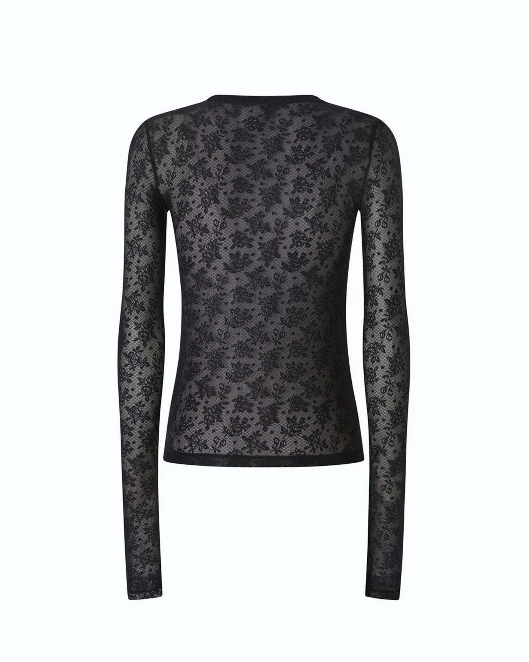 Maglia maniche lunghe Pinko nera in pizzo stretch girocollo con motivo floreale