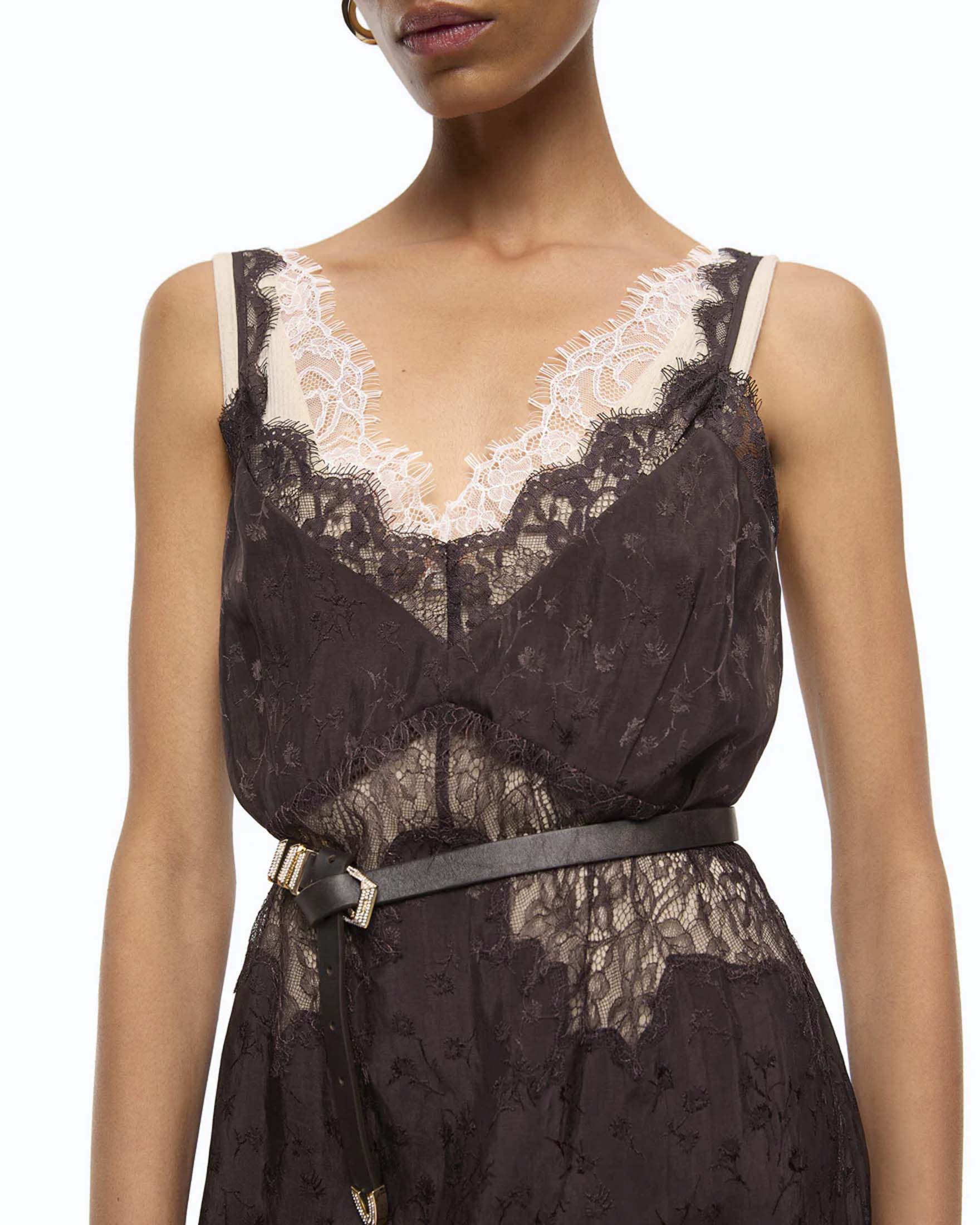 Abito midi sottoveste Pinko marrone in acetato con pizzo rebrodé e motivo jacquard floreale image