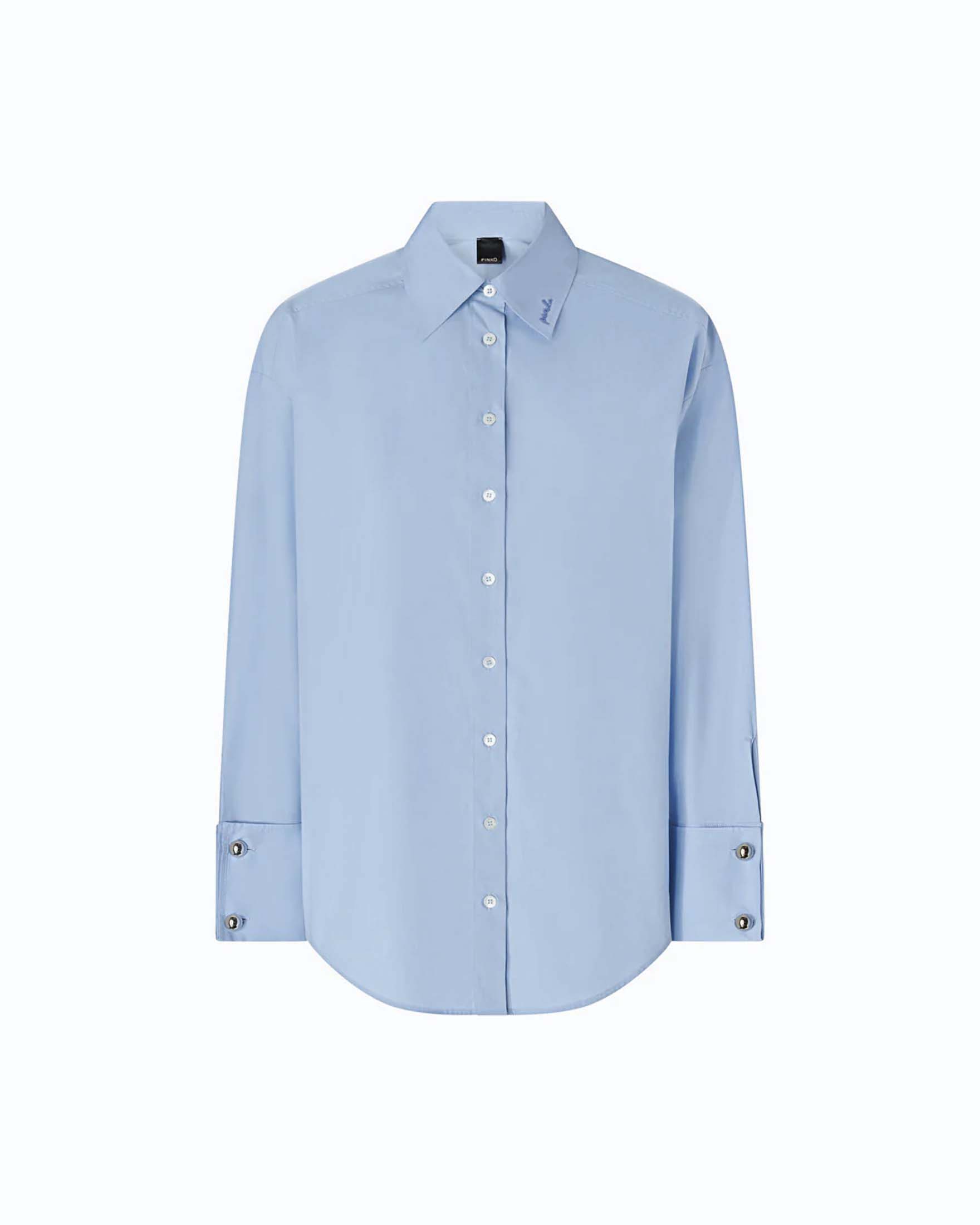 Camicia over Pinko azzurra in popeline di cotone con dettagli gioiello e scritta a contrasto sul retro