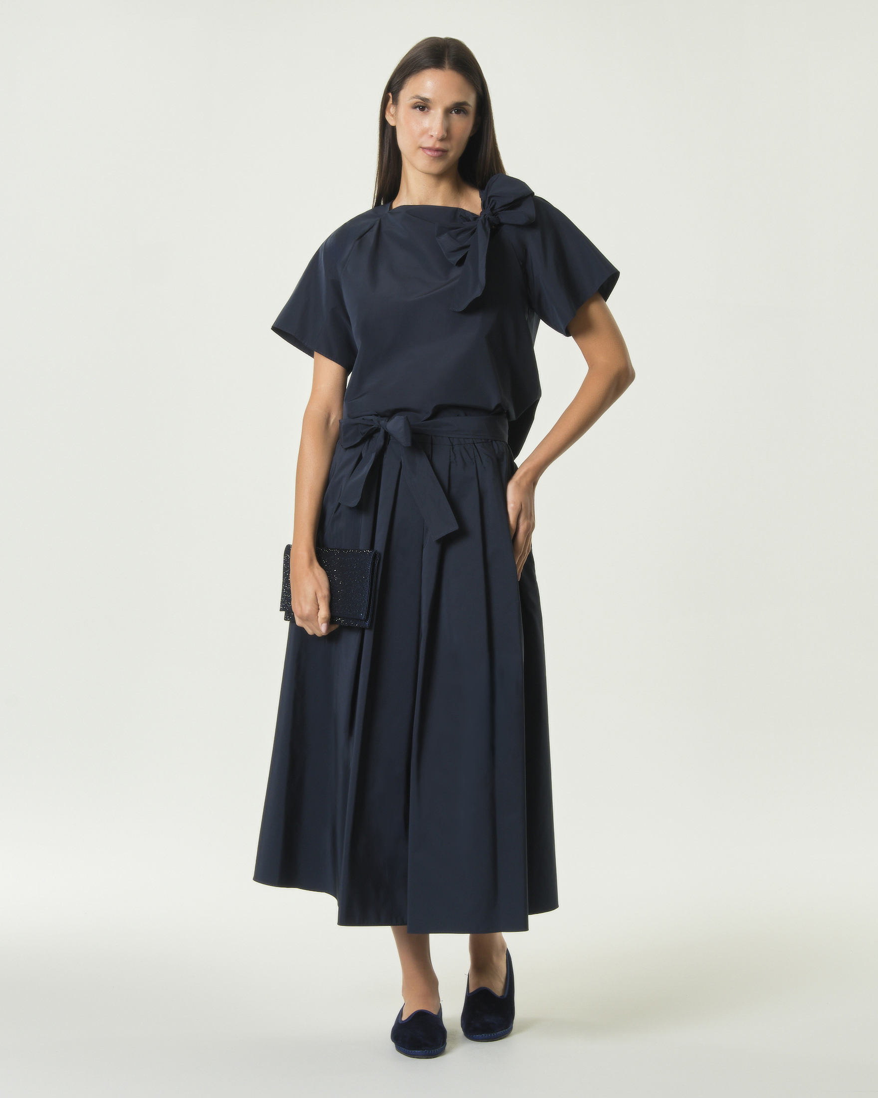 Gonna midi Weekend Max Mara blu in taffetà di cotone con pieghe frontali