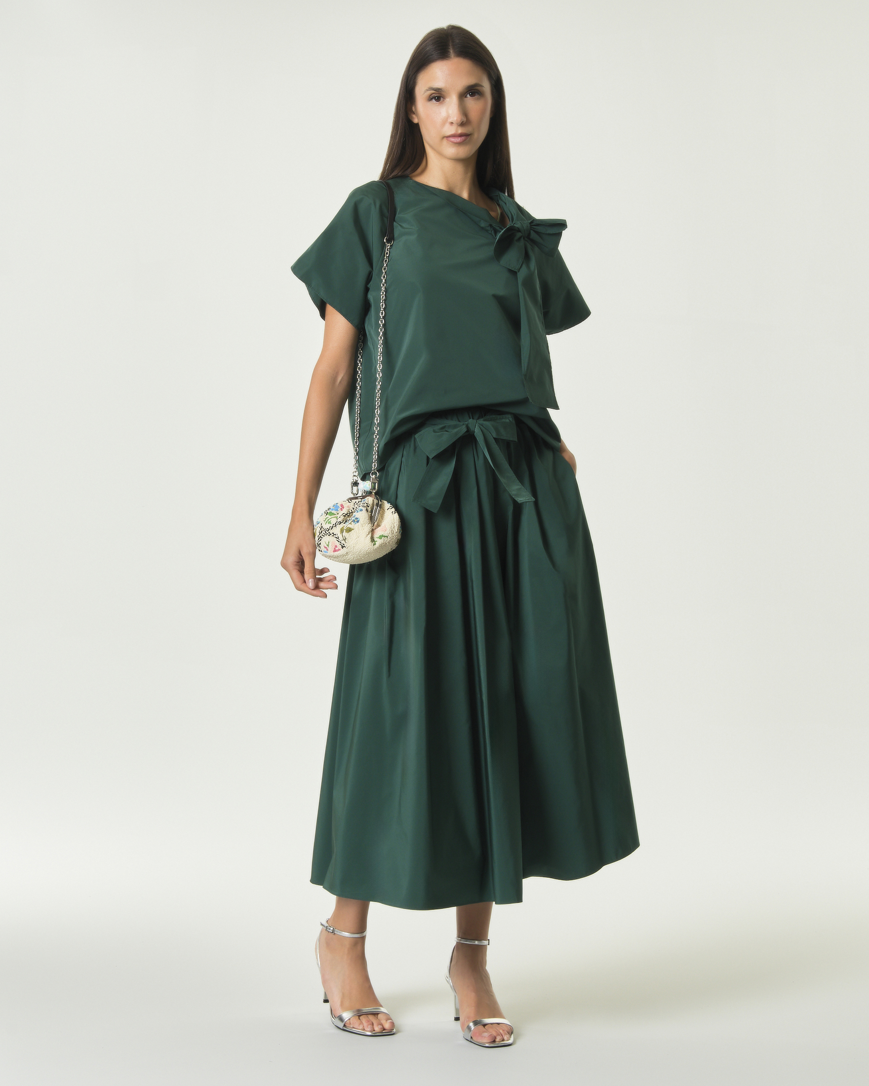 Gonna midi Weekend Max Mara verde scuro in taffetà di cotone con pieghe frontali