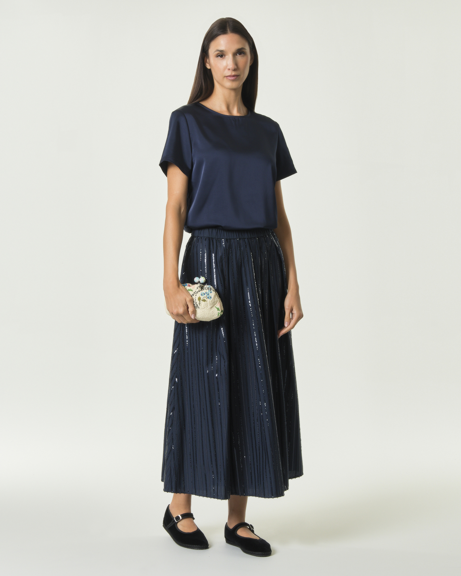 Gonna lunga Weekend Max Mara blu in popeline di cotone con paillettes ricamate