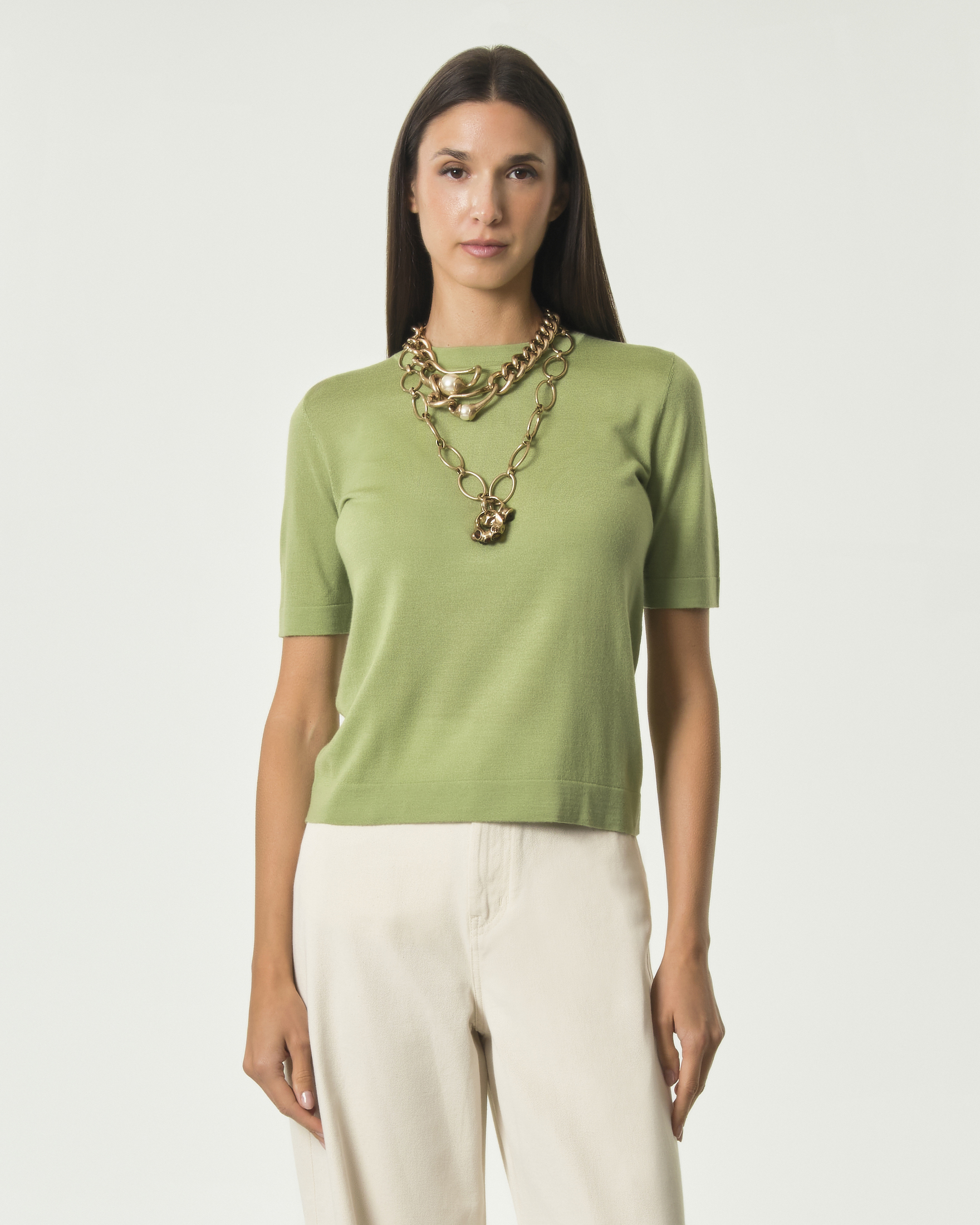 Maglia mezze maniche Weekend Max Mara verde in filato di lana e seta con cachemire
