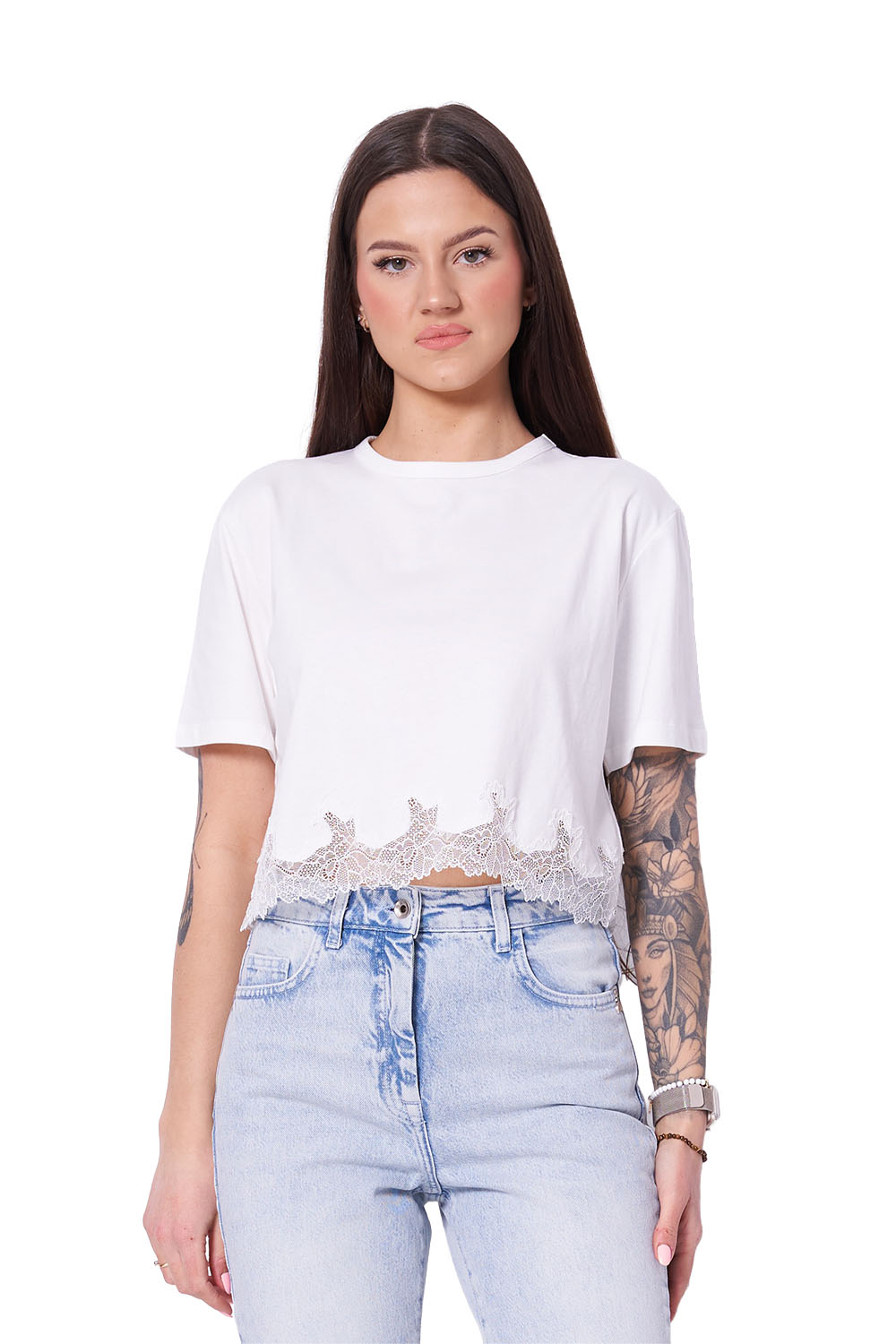 T-shirt Cropped con Pizzo