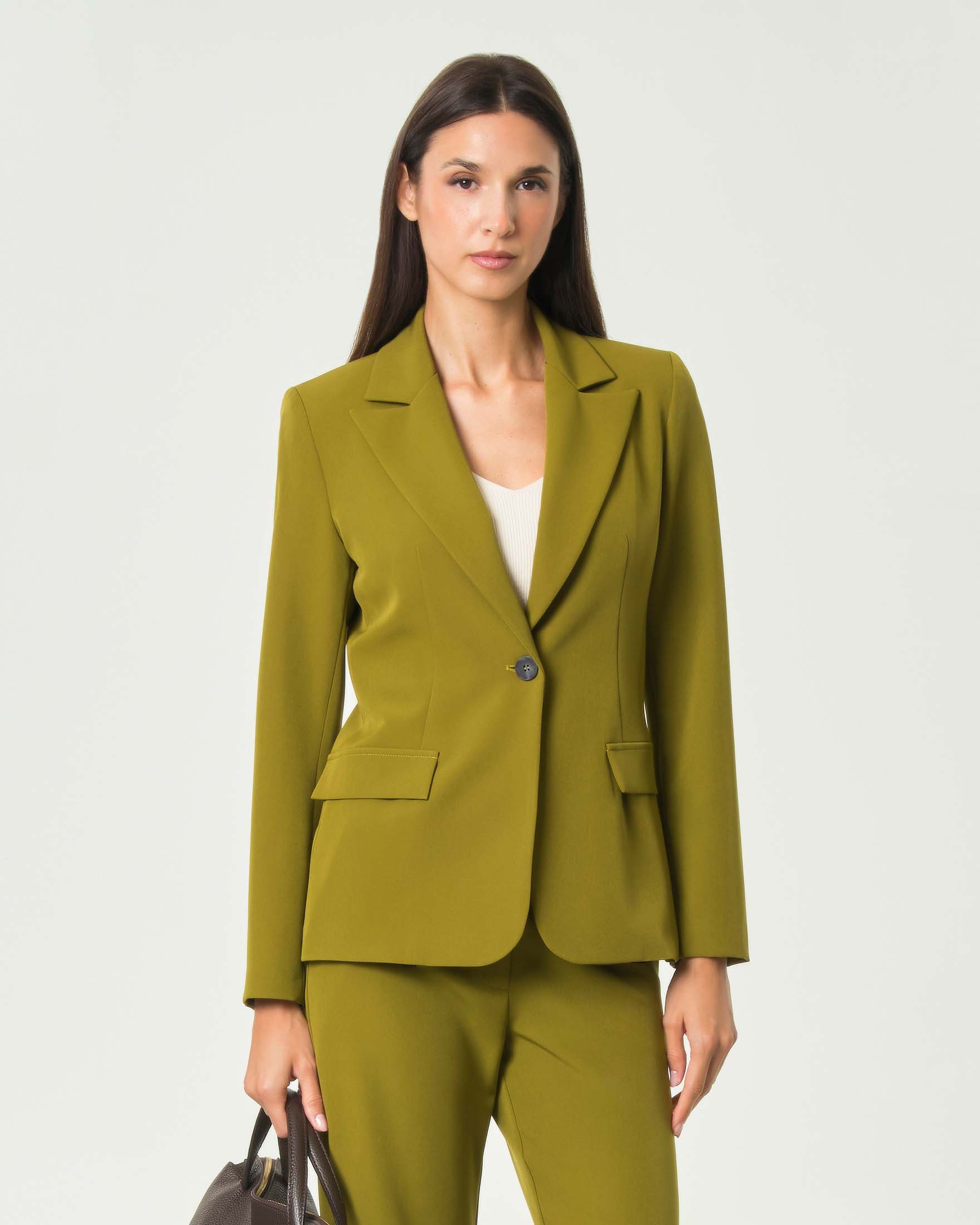 Blazer monopetto Hlo! color olio in tessuto bistretch con pince e tasche con patta